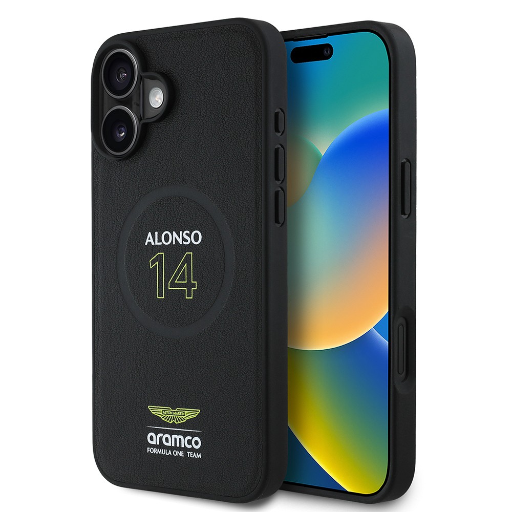 Apple iPhone 16 Plus Kılıf Aston Martin Orjinal Lisanslı M-safe Şarj Özellikli PU Deri Alonso 14 Baskılı Kapak