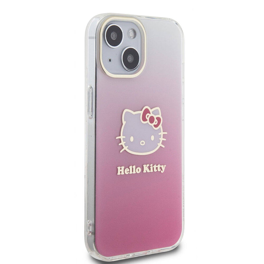 iPhone 15 Kılıf Hello Kitty Orjinal Lisanslı Yazı ve İkonik Logolu Elektroplating Kaplama Gradyan Kılıf