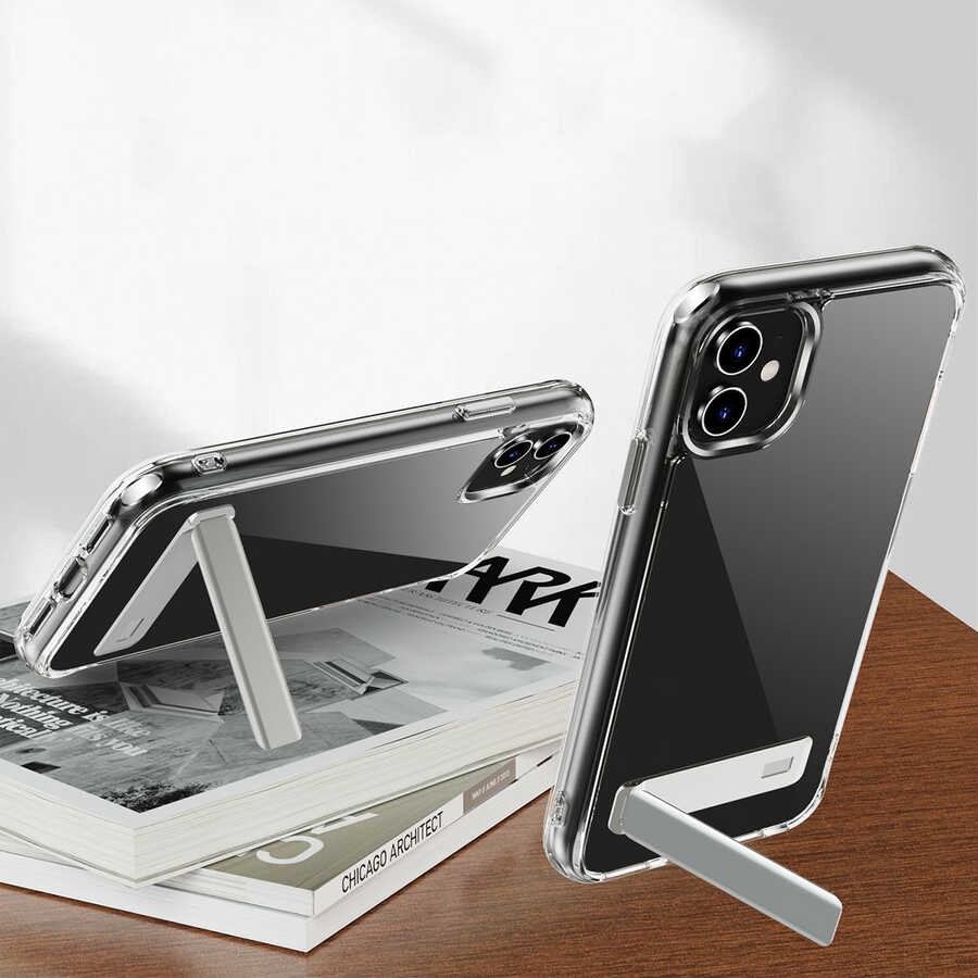 Apple iPhone 12 Kılıf Standlı Şeffaf Silikon Zore L-Stand Kapak