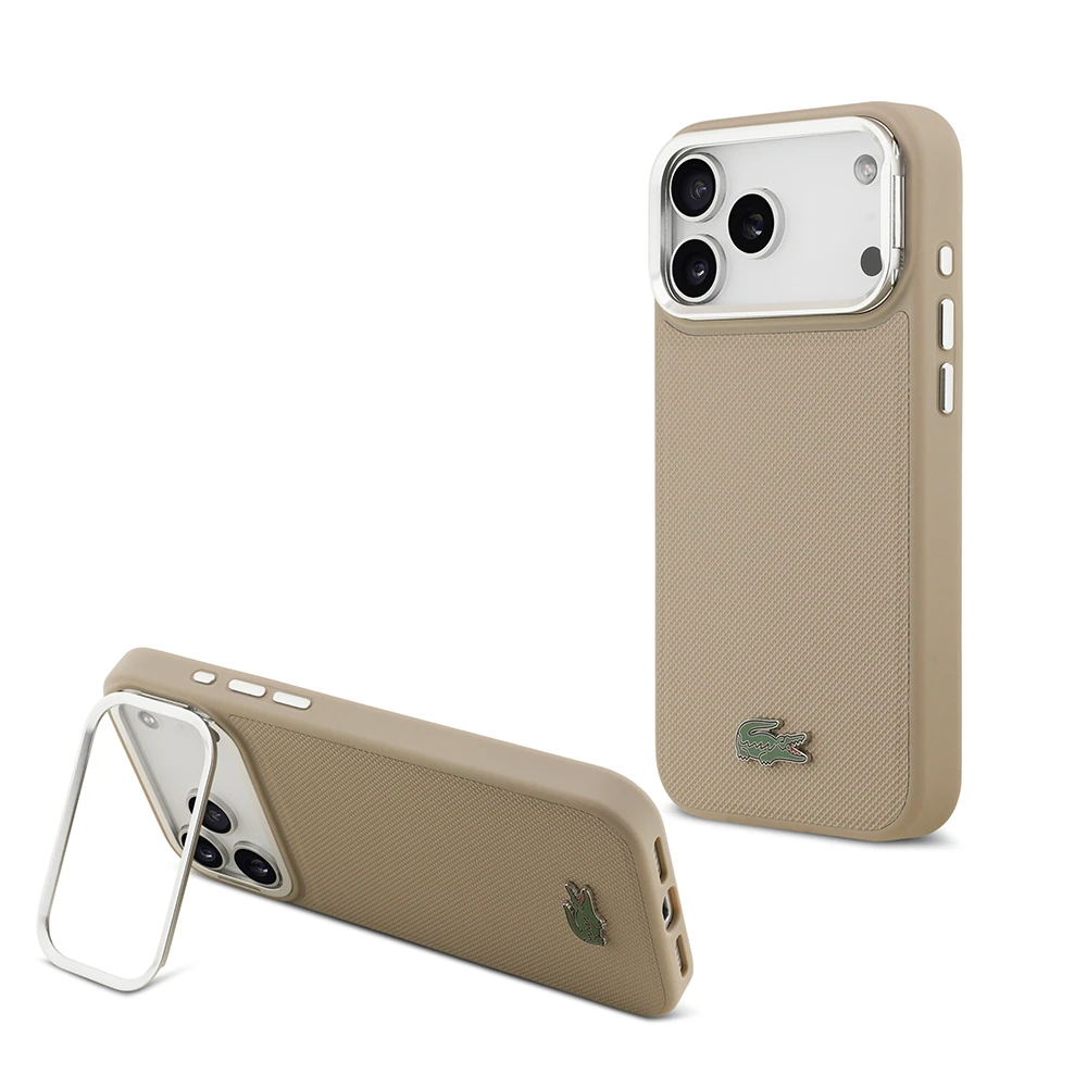 Apple iPhone 17 Pro Max Kılıf Lacoste Orjinal Lisanslı M-safe Şarj Özellikli PU Pike Desenli Standlı Metal Logolu Kapak