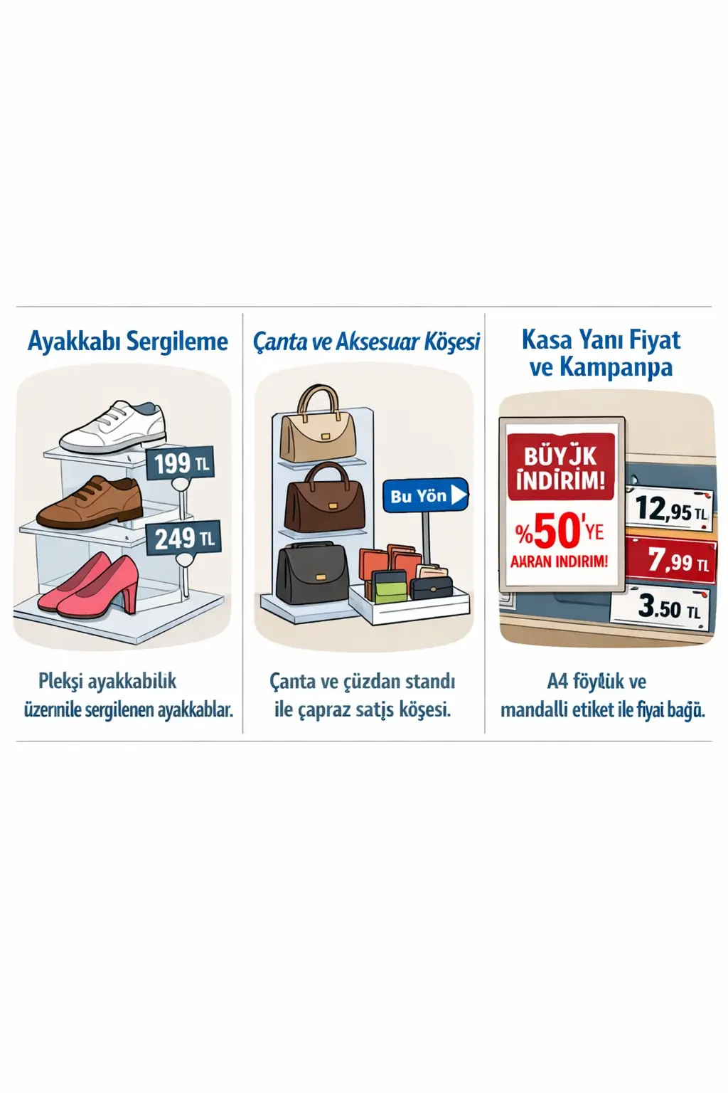 Pleksi ayakkabılık üzerinde sergilenen ayakkabılar ve mandallı etiketlik ile fiyat bilgilendirmesi