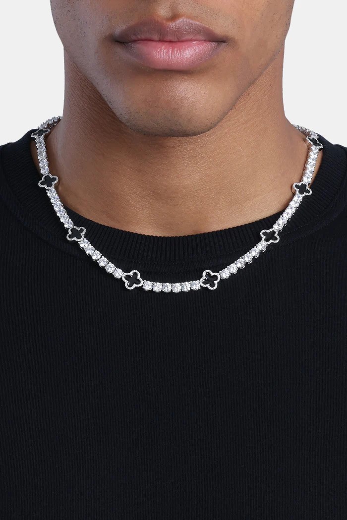 5mm Black Motif White Gold Plated Tennis Chain