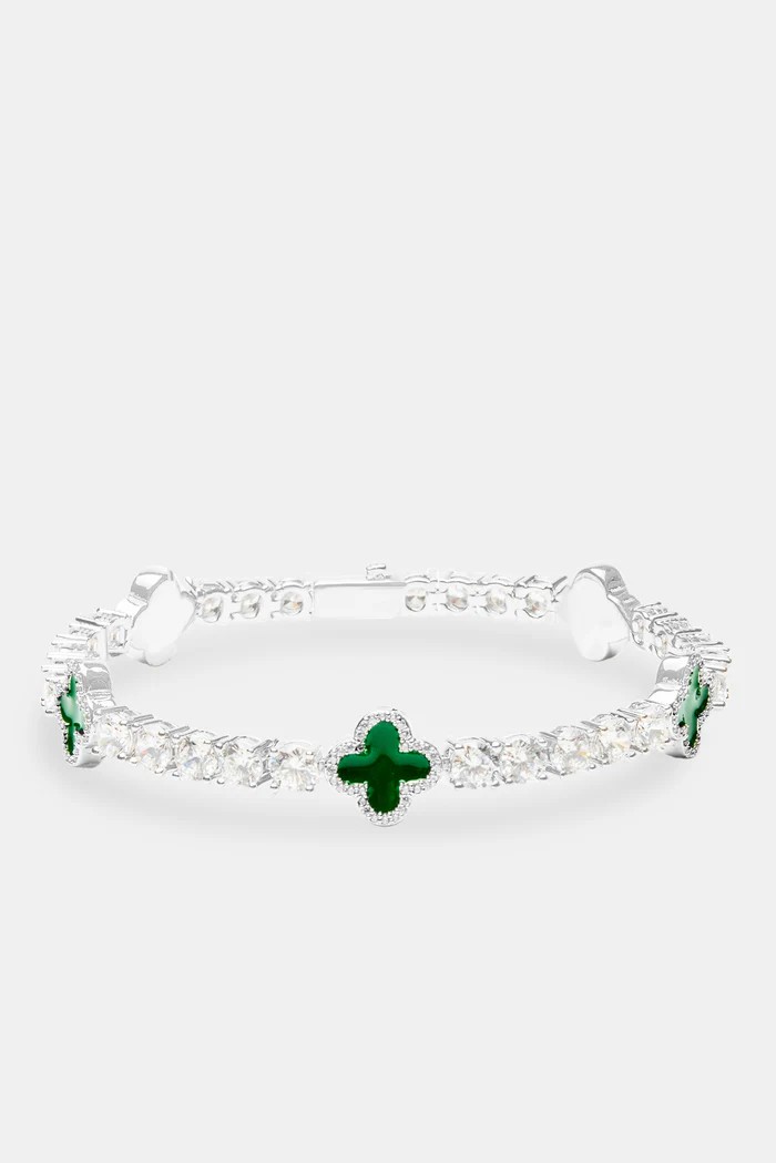 5mm Green Motif White Gold Plated Tennis Bracelet