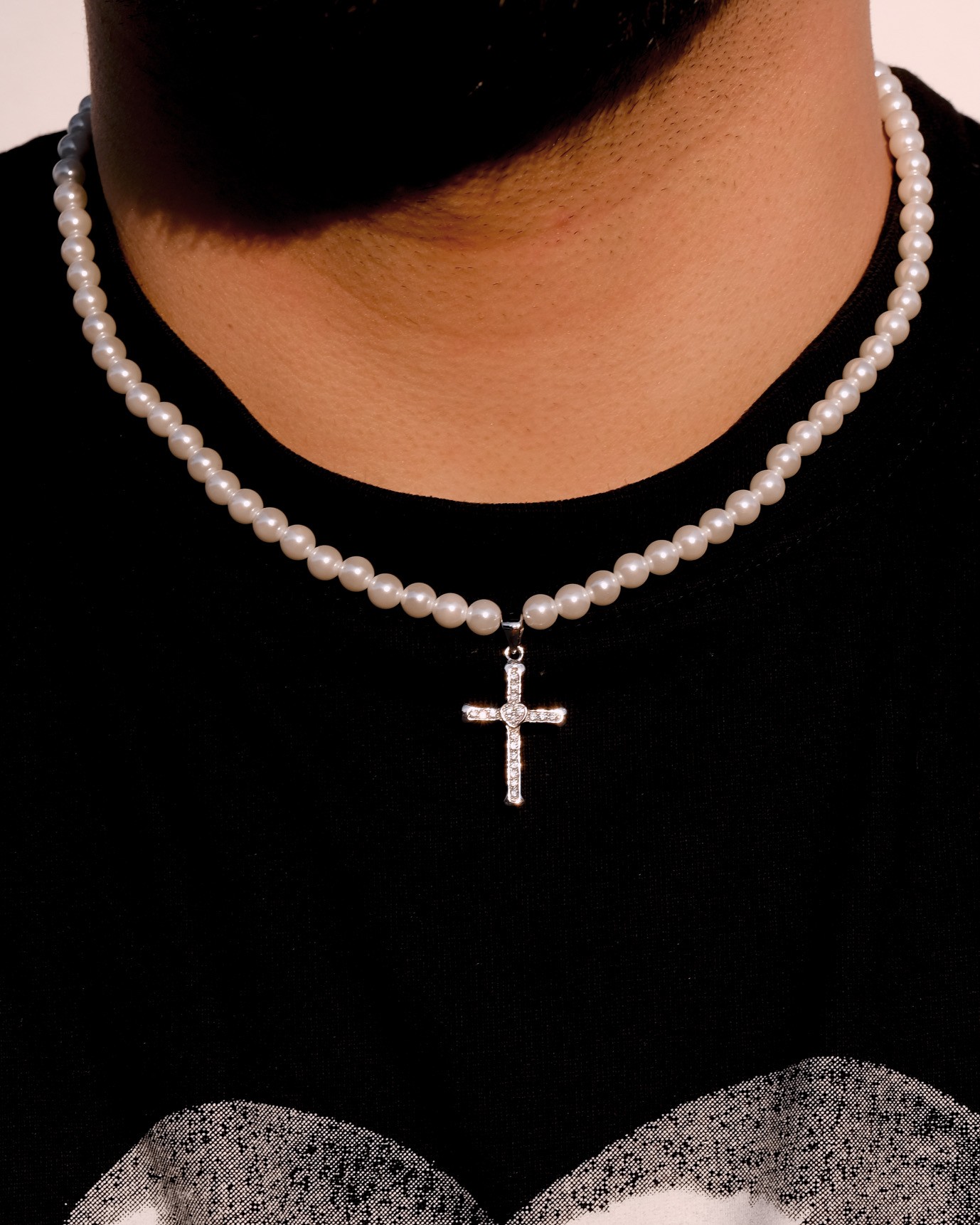 925 Silver 6mm Pearl Iced Cross