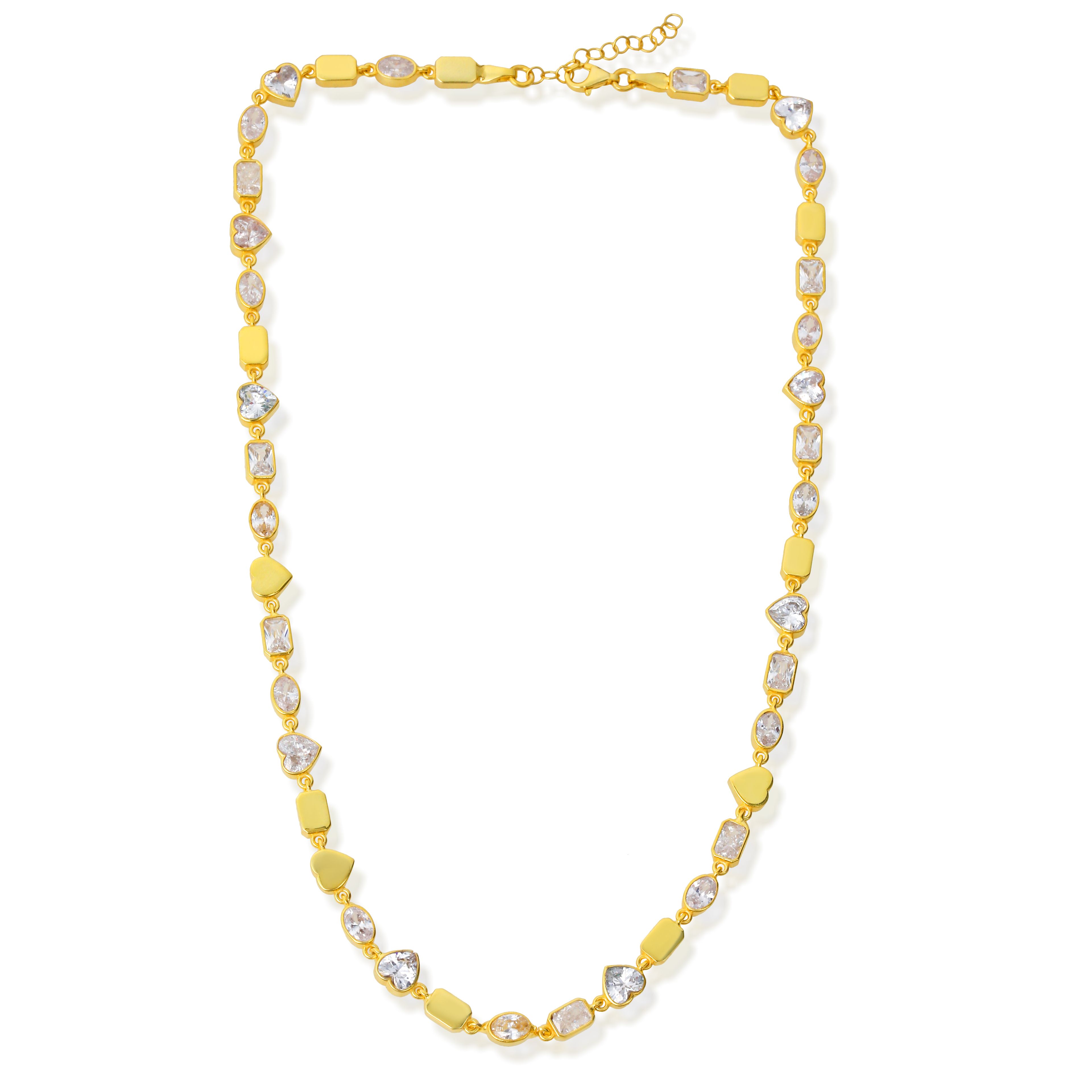 925 Silver 14K Gold Plated Multi Shape Tennis Necklace 