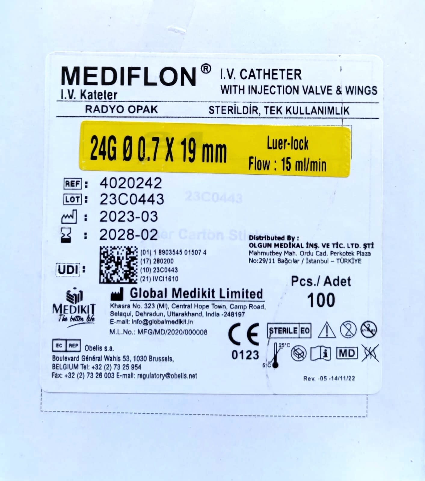 MEDİKİT SARI İNTRAKET IV KANÜL ANJİYOKAT BRANÜL 24G 100'LÜ