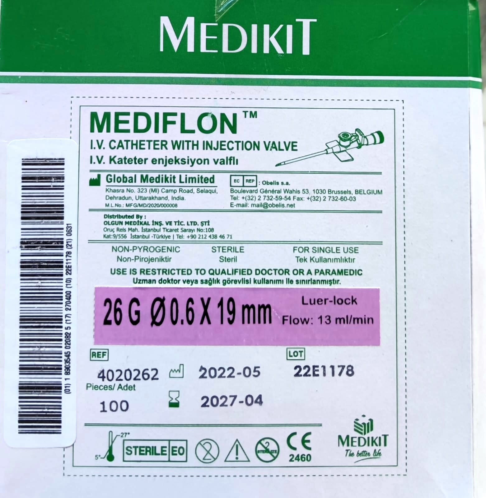 MEDİKİT MOR İNTRAKET IV KANÜL ANJİYOKAT BRANÜL 26 G 100'LÜ