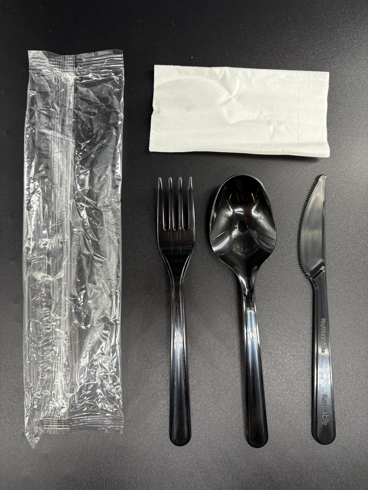 Eko Lüks 4'lü Siyah Set Jelatinli (Kaşık,Çatal,Bıçak,Peçete) 50'li Paket