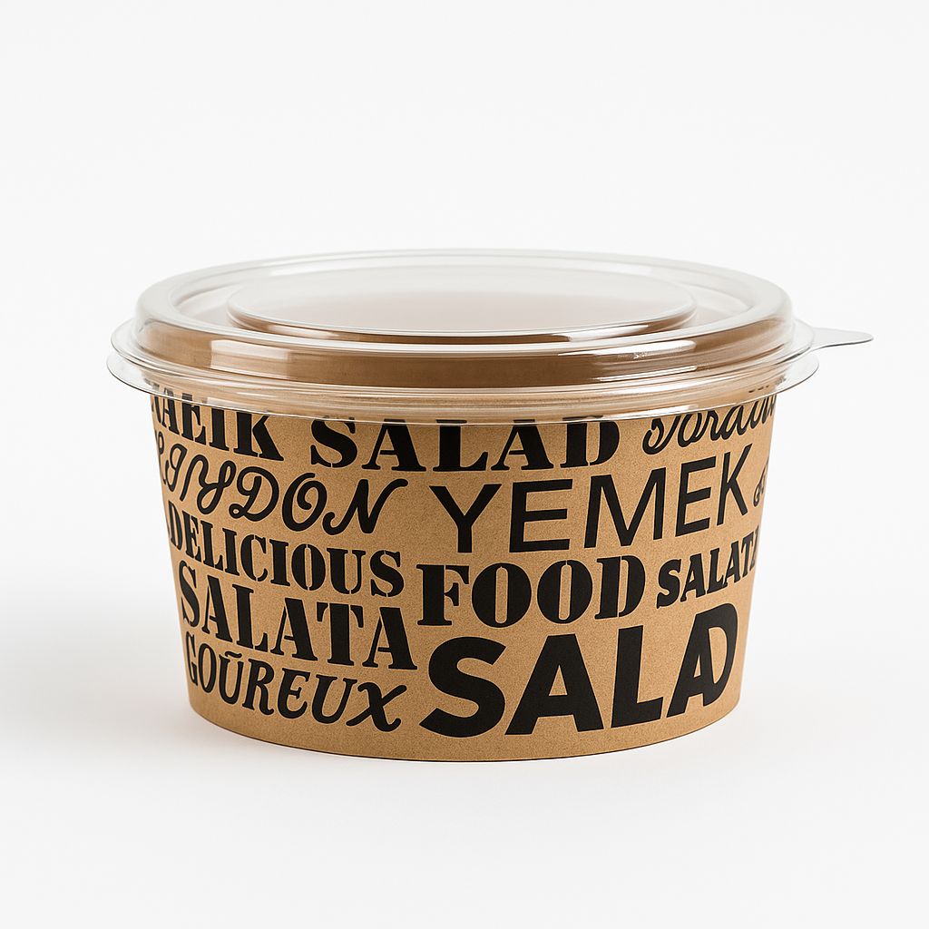 1000 cc PET Kapaklı BASKILI Kraft Salata Kasesi 50 Adet