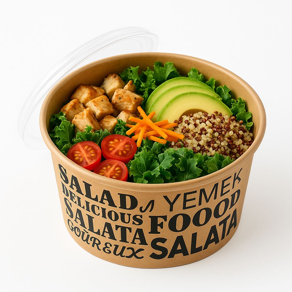 1000 cc PET Kapaklı BASKILI Kraft Salata Kasesi 50 Adet