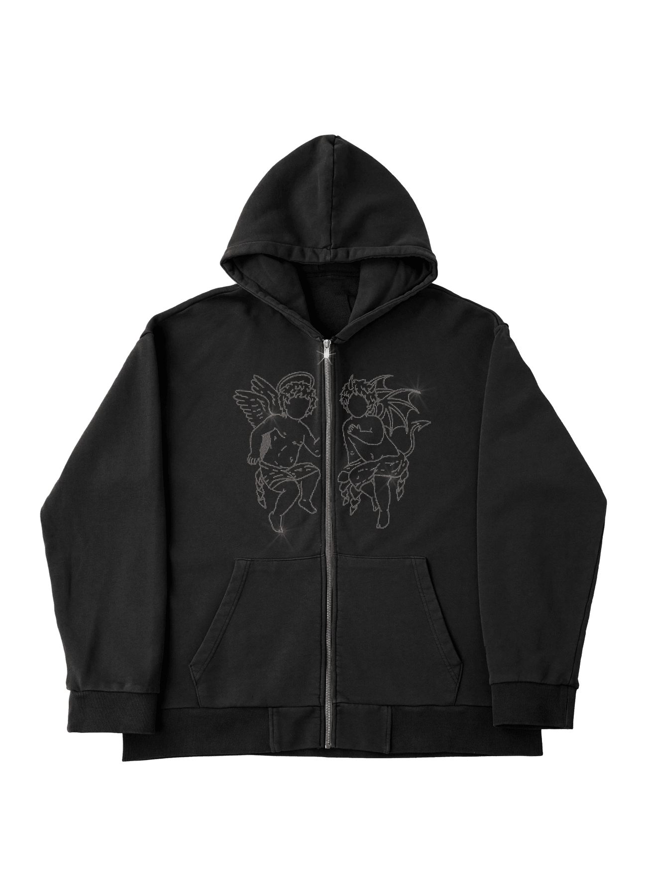 Angel Rhinestone Zip-Up - Siyah