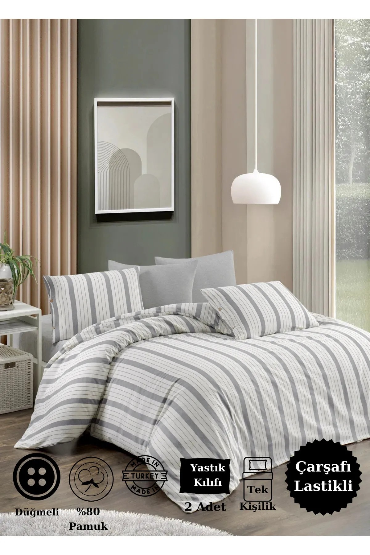 Natural Gri Tek Kişilik Lastikli Çarşaflı Nevresim Takımı (4 Parça )
