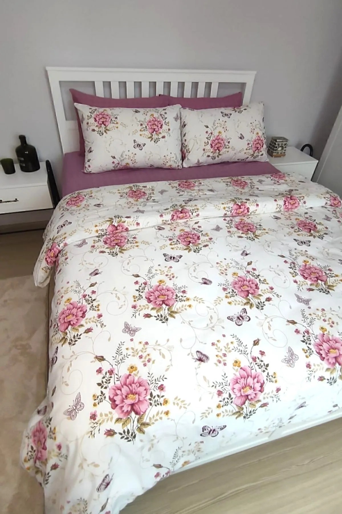 Buket Pembe Çiçekli Çift Kişilik Çarşafı Lastikli Nevresim Takımı 6 Parça