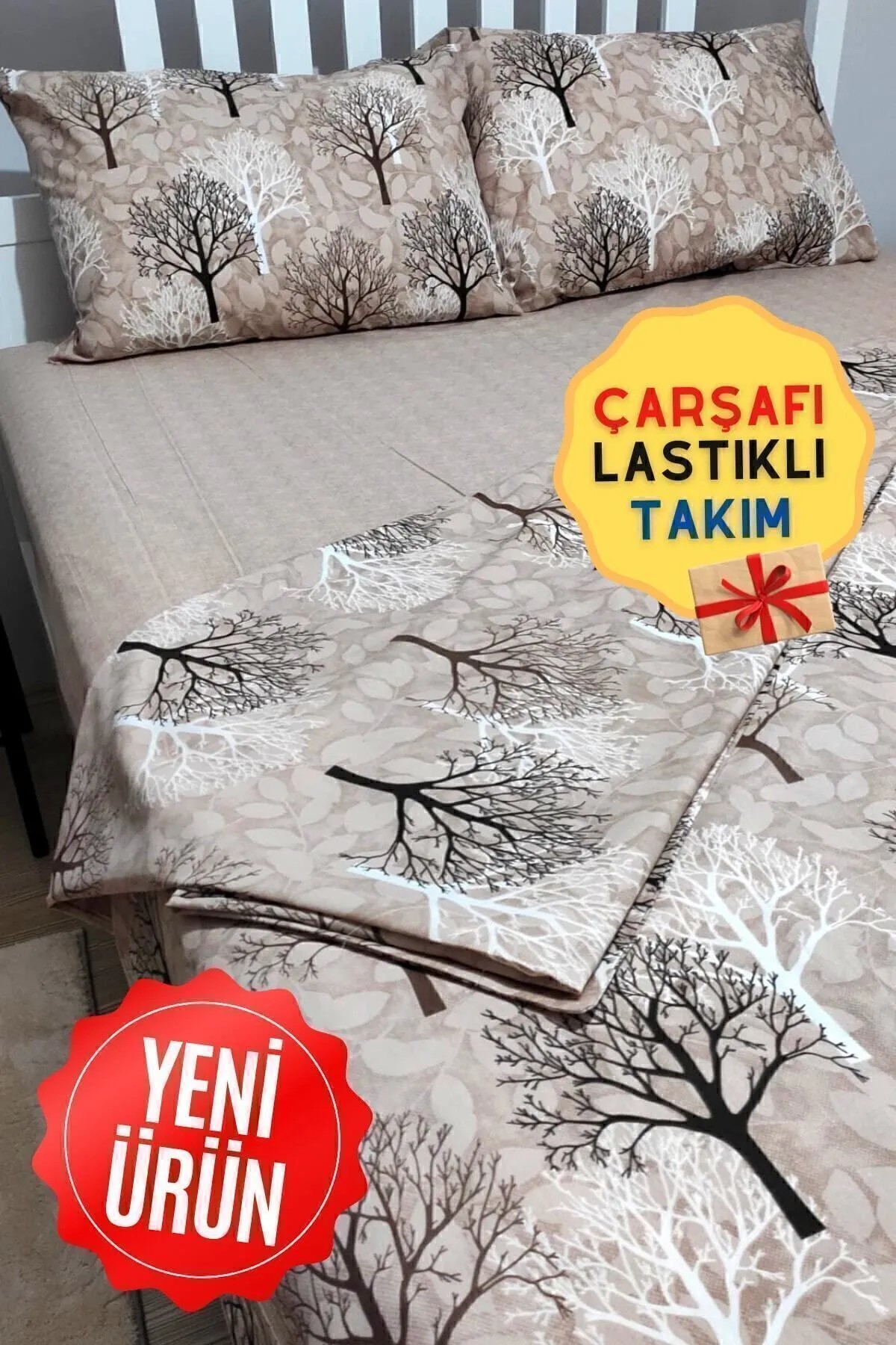 Kahve Wood Ağaç Çift Kişilik Lastikli Çarşaflı Nevresim Takımı 4 Parça Desenli