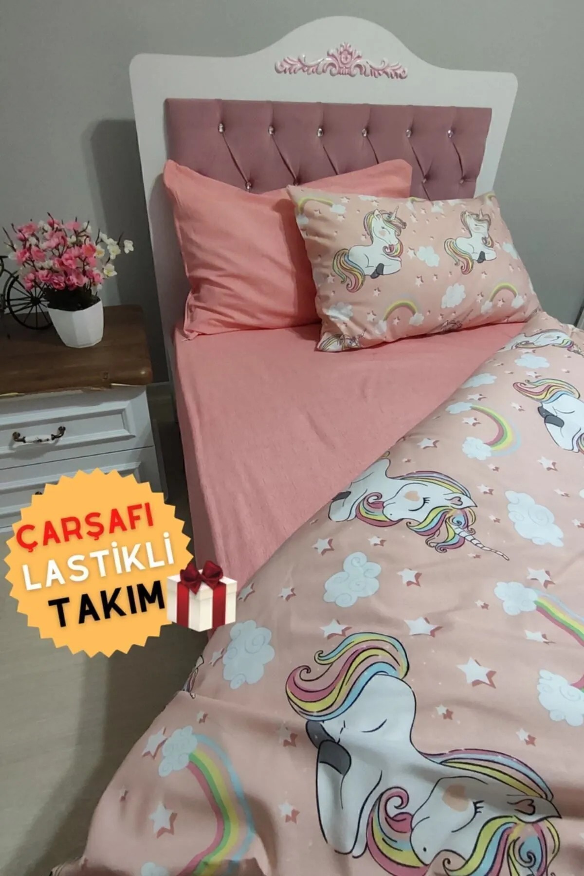 6474 Kız Çocuk Unicorn 4 Parça Lastikli Çarşaflı Tek Kişilik Nevresim Takımı