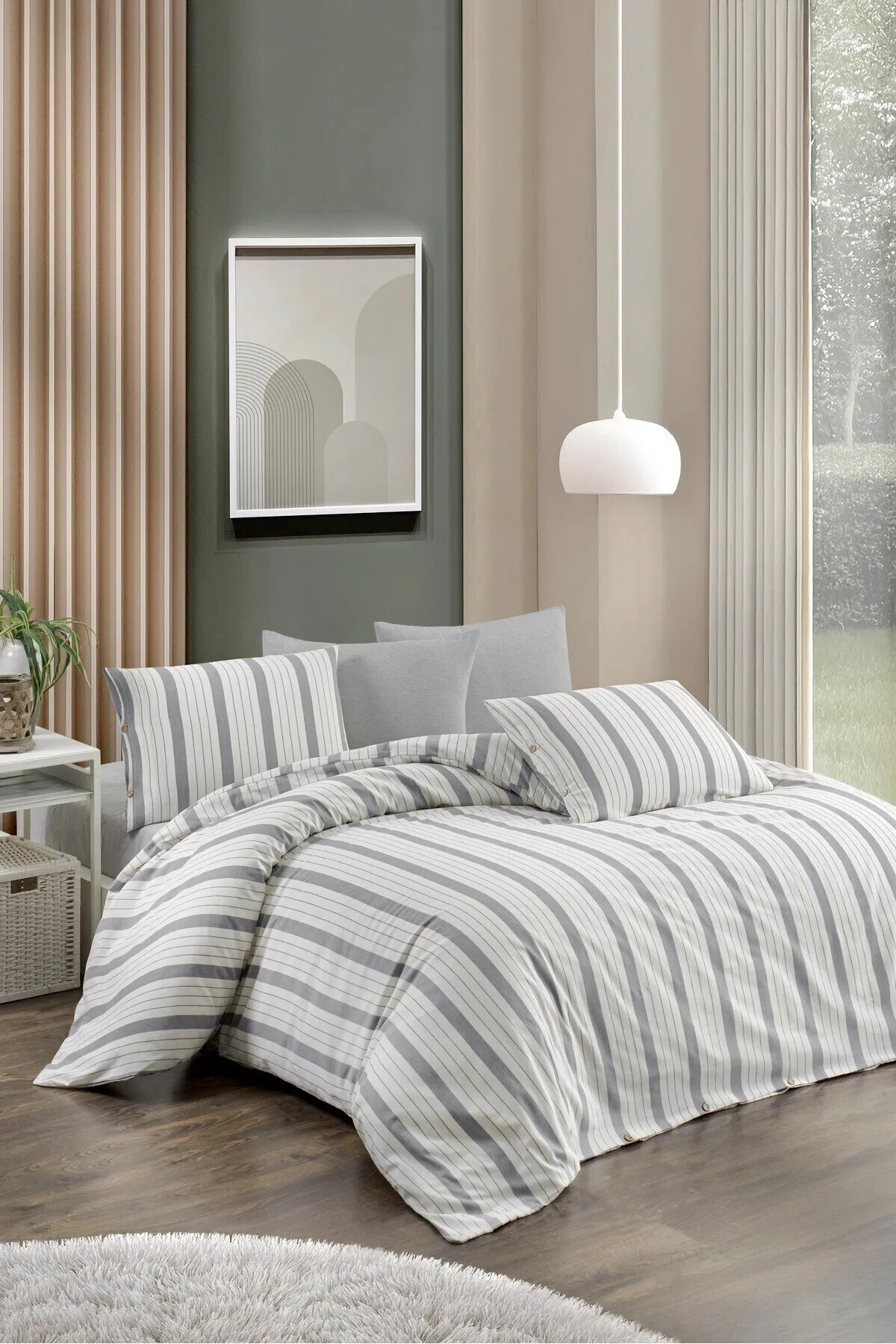 Natural Gri Tek Kişilik Lastikli Çarşaflı Nevresim Takımı (4 Parça )