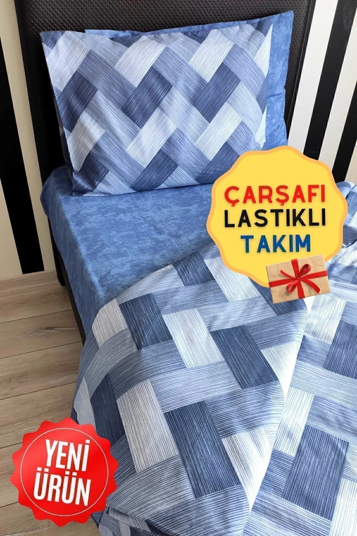 6520 Zikzak Ekose Mavi Genç Tek Kişilik Lastikli Çarşaflı Nevresim Takımı