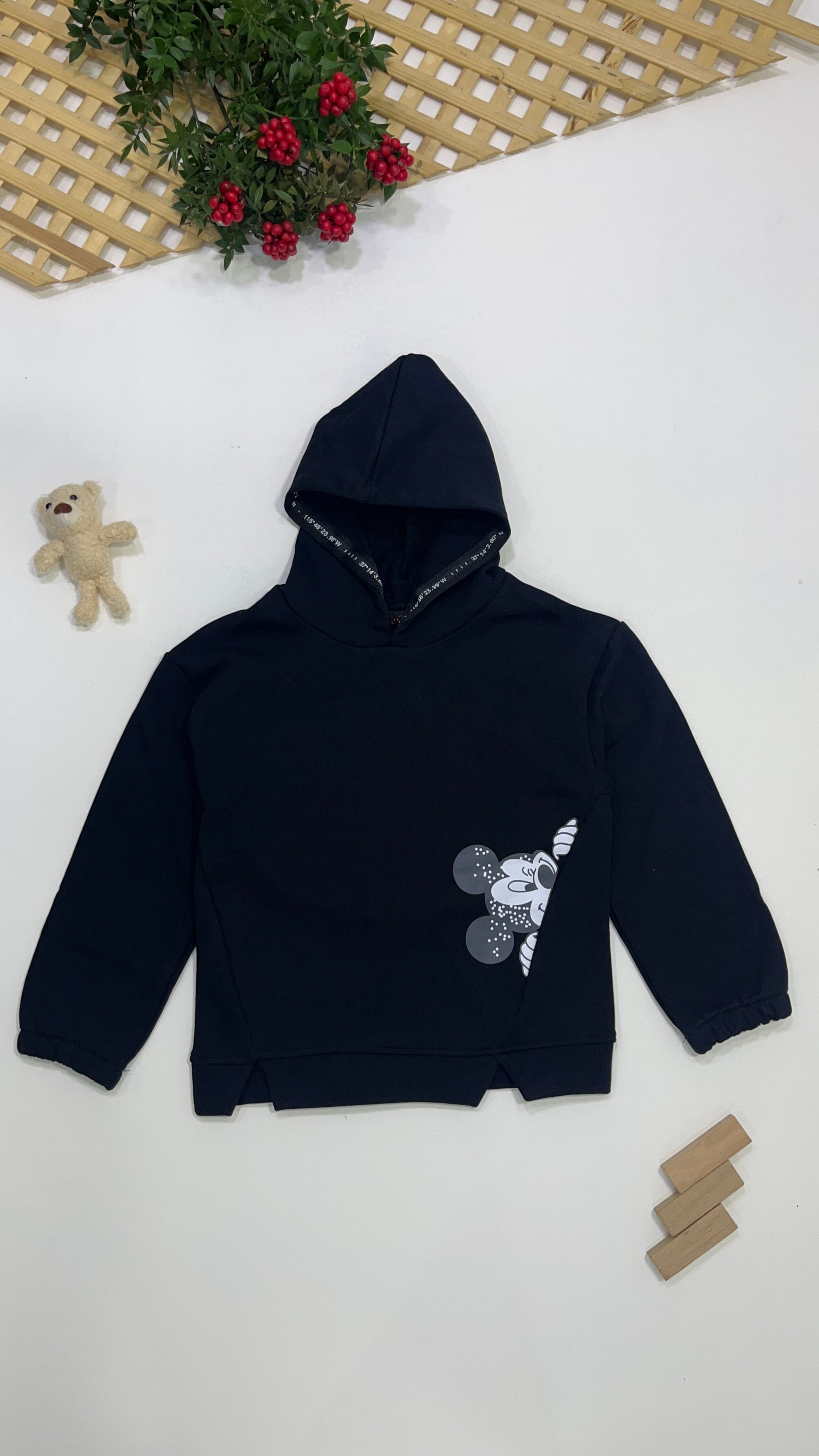 2208 Mickey Baskılı Kapüşonlu Sweatshirt Tek Üst