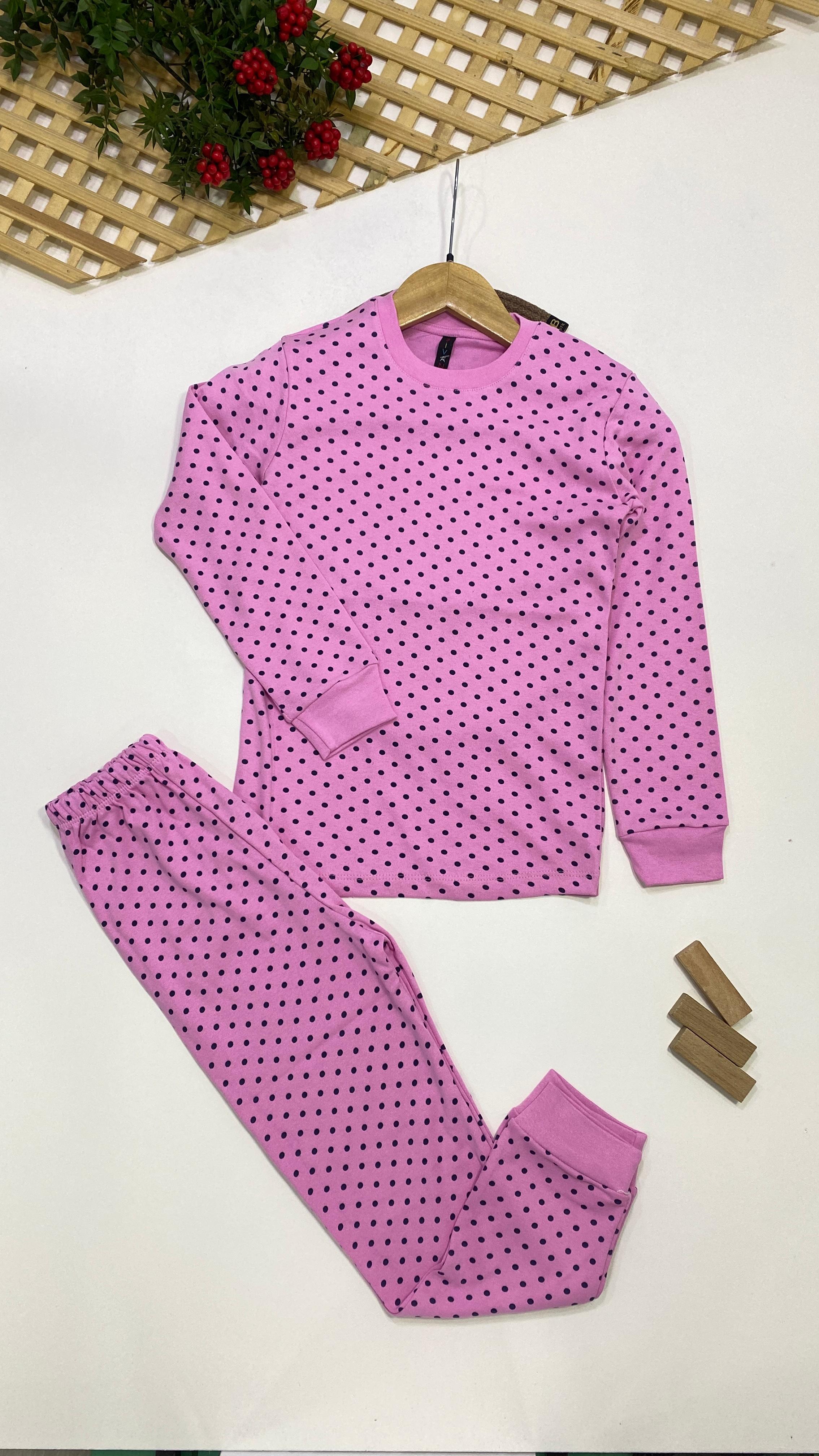 1547 Pembe Puantiyeli Kız Çocuk Pijama Takımı