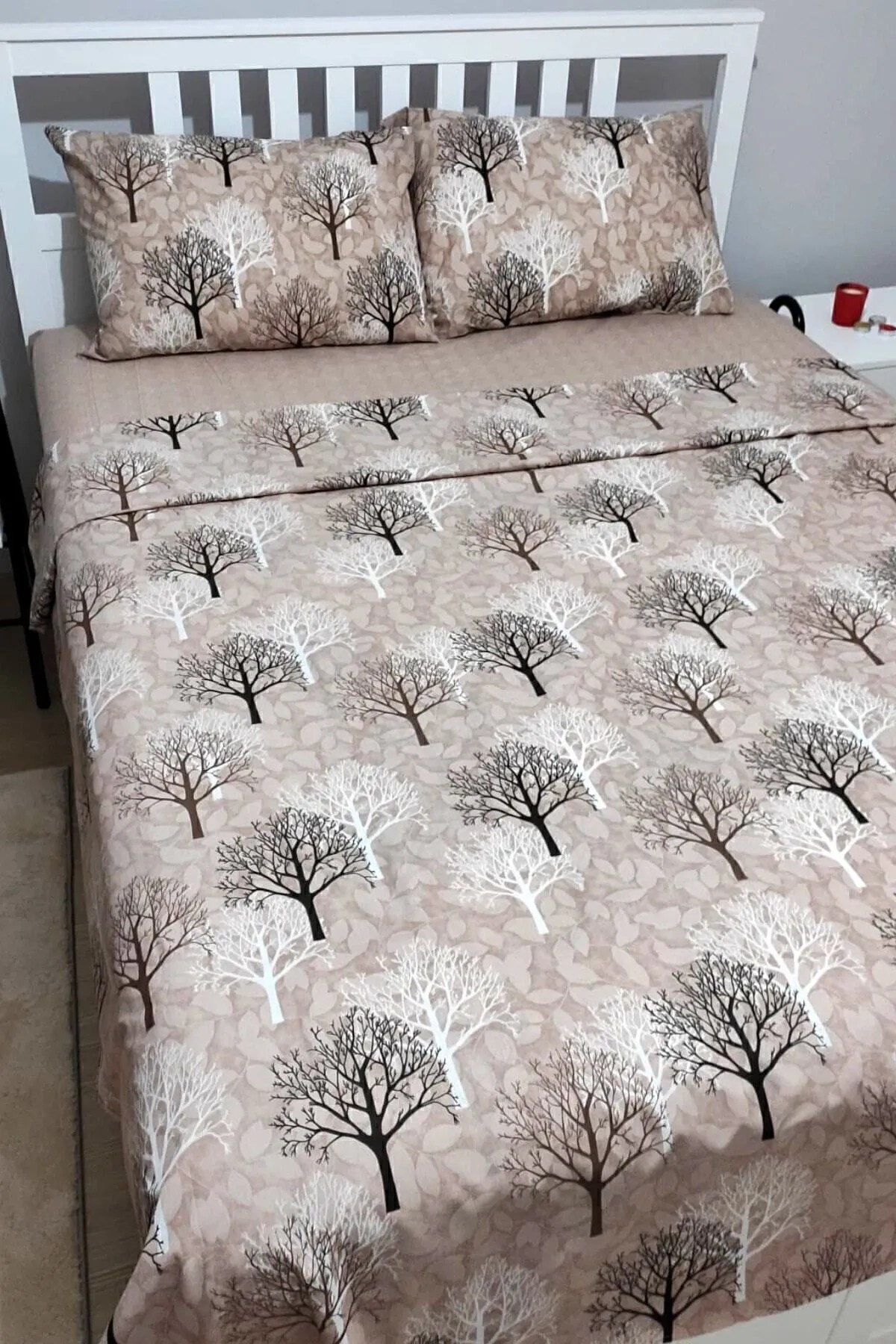 Kahve Wood Ağaç Çift Kişilik Lastikli Çarşaflı Nevresim Takımı 4 Parça Desenli