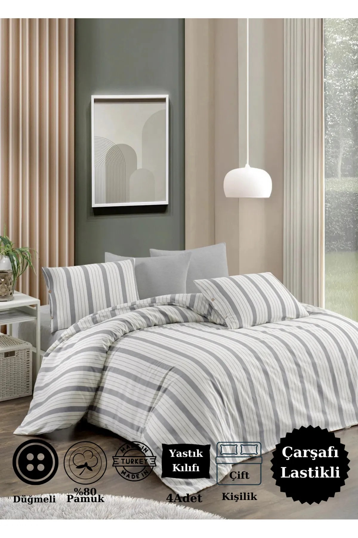 Natural Kumaş Gri Çift Kişilik Çarşaflı Lastikli 4 Yastıklı Nevresim Takımı (6 Parça)