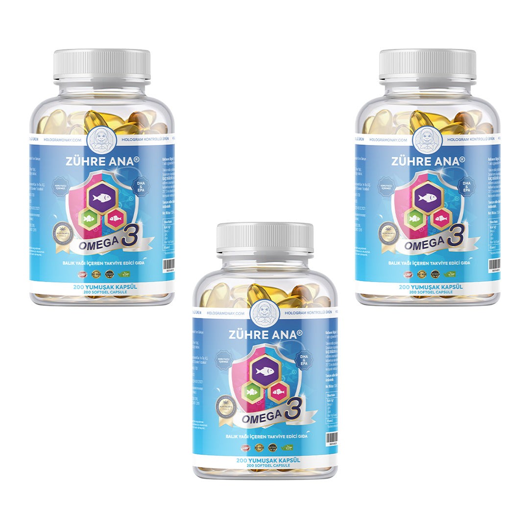 Zühre Ana 3 Stück Omega 3 Fischöl – 200 Kapseln (1300 mg)