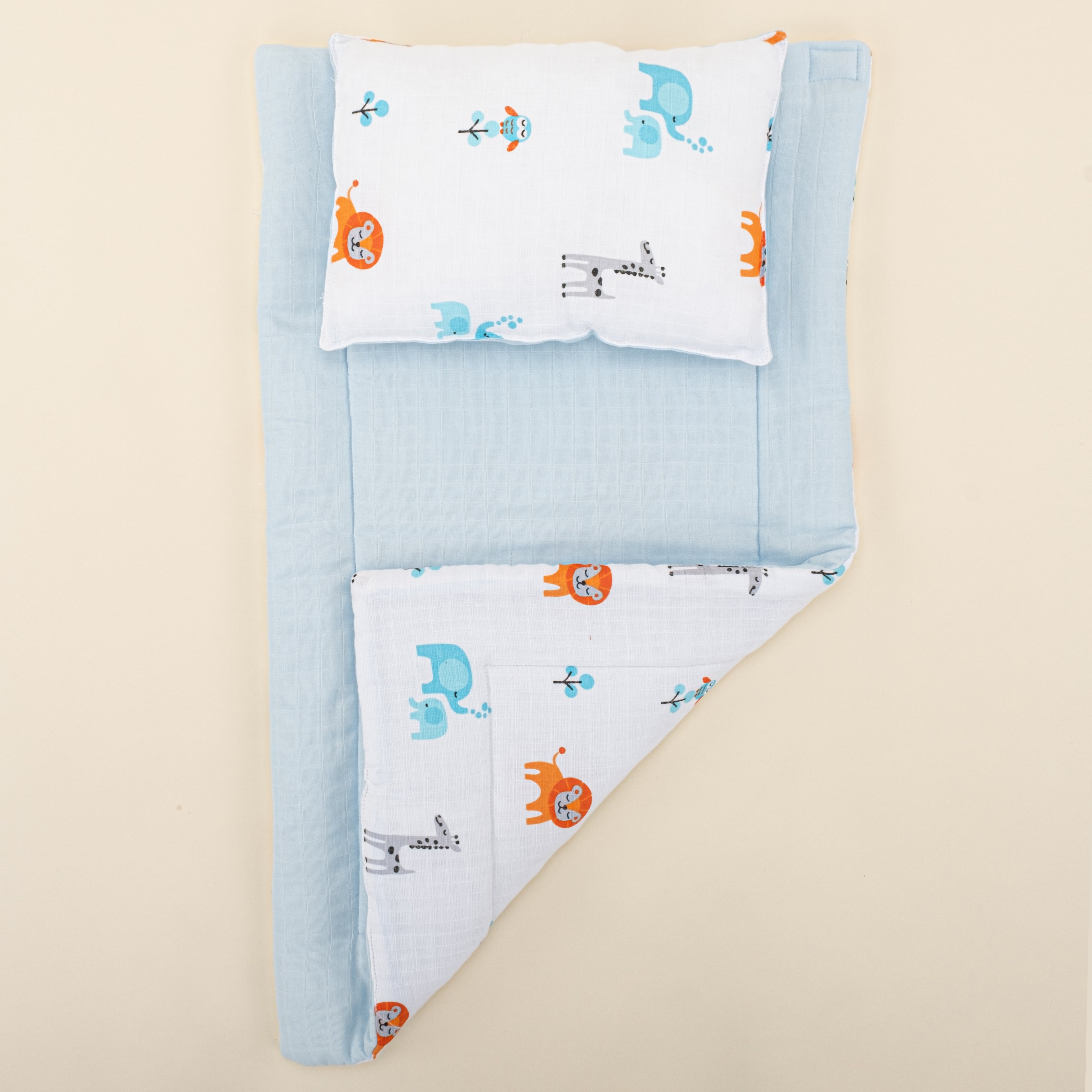 Alt Açma Matı ve Yastık  - Çift Taraflı - Bebe Mavi Muslin - Fil