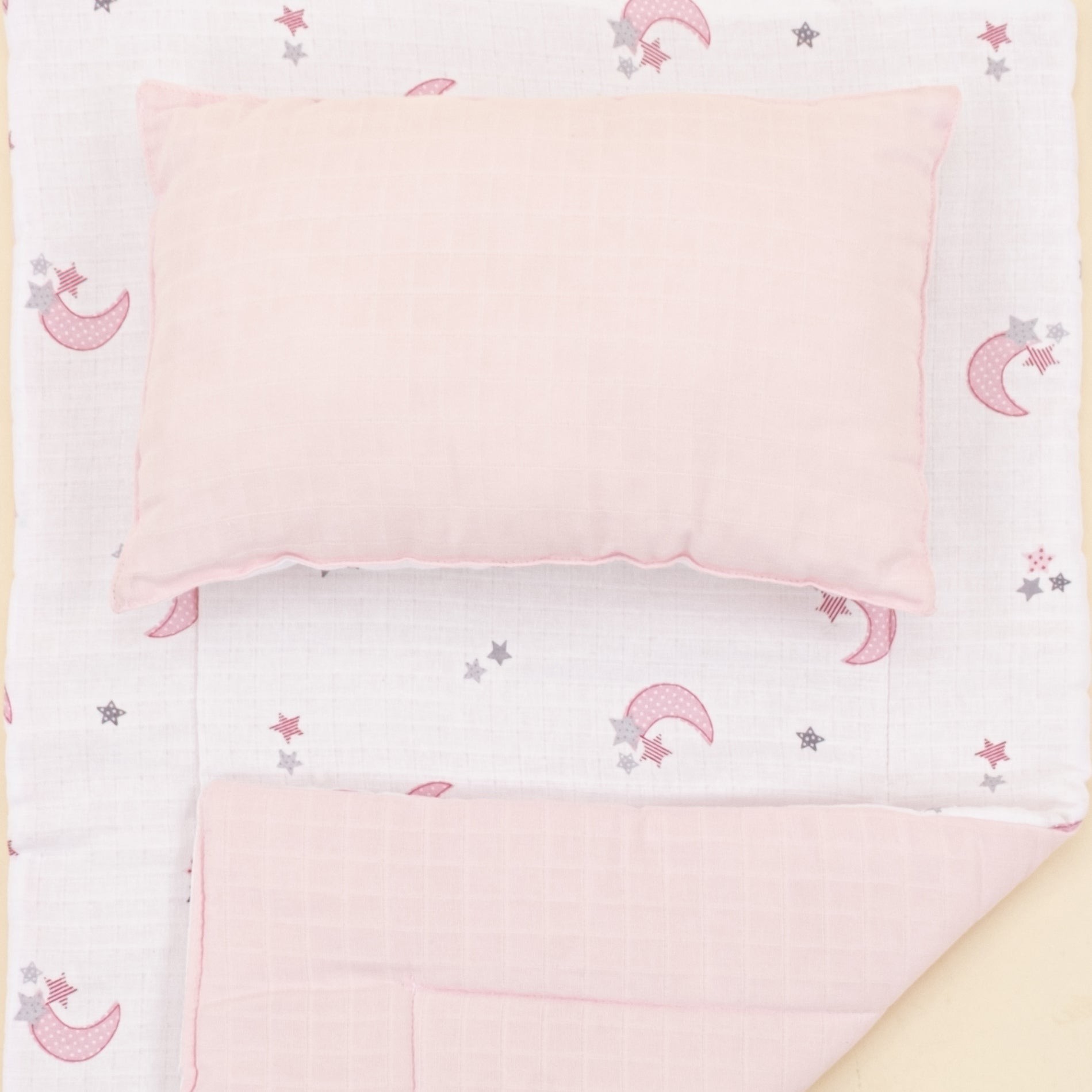 Alt Açma Matı ve Yastık  - Çift Taraflı - Bebe Pembe Muslin - Pembe Ay