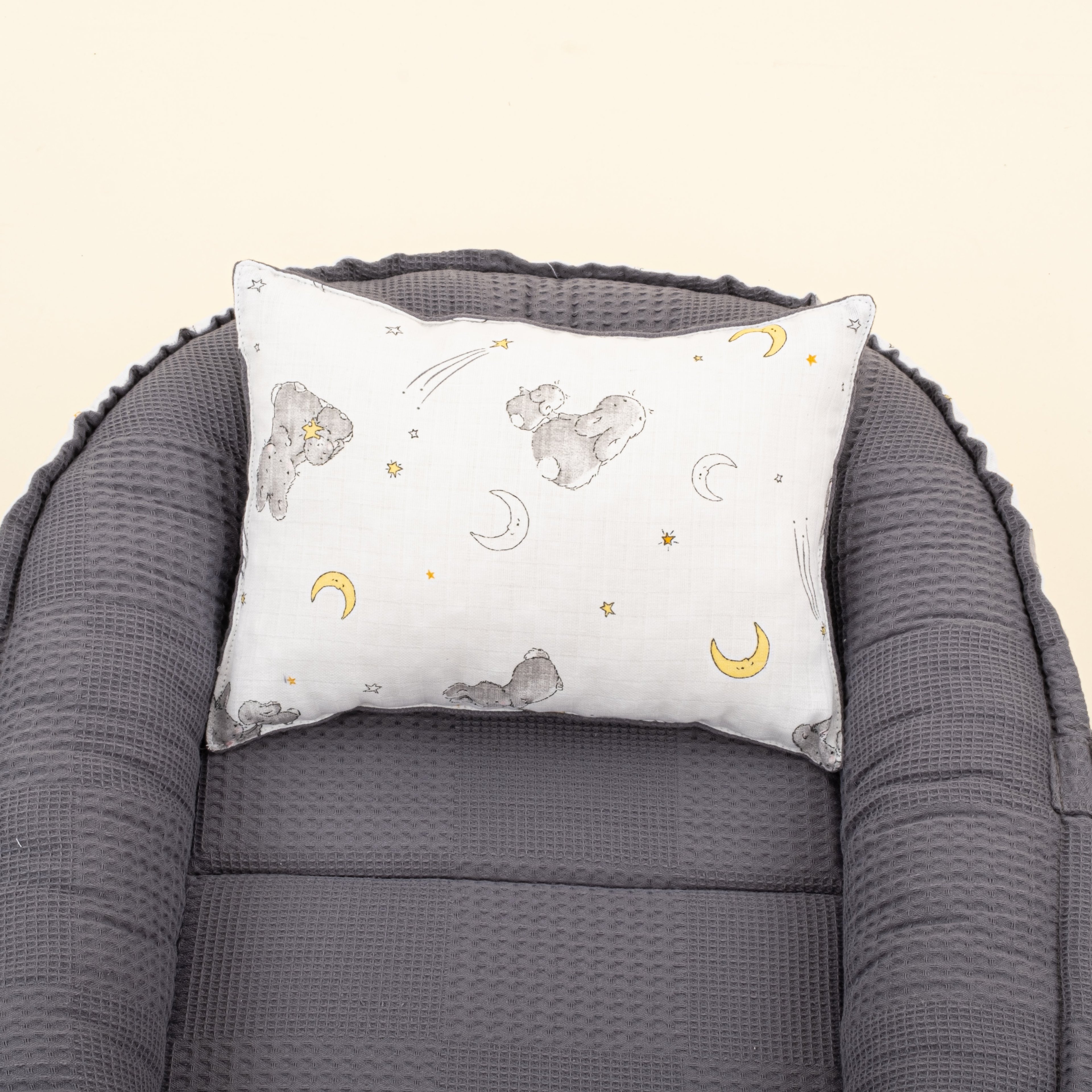 Babynest ve Yastık - Çift Taraflı - Antrasit Waffle - Gri Tavşan