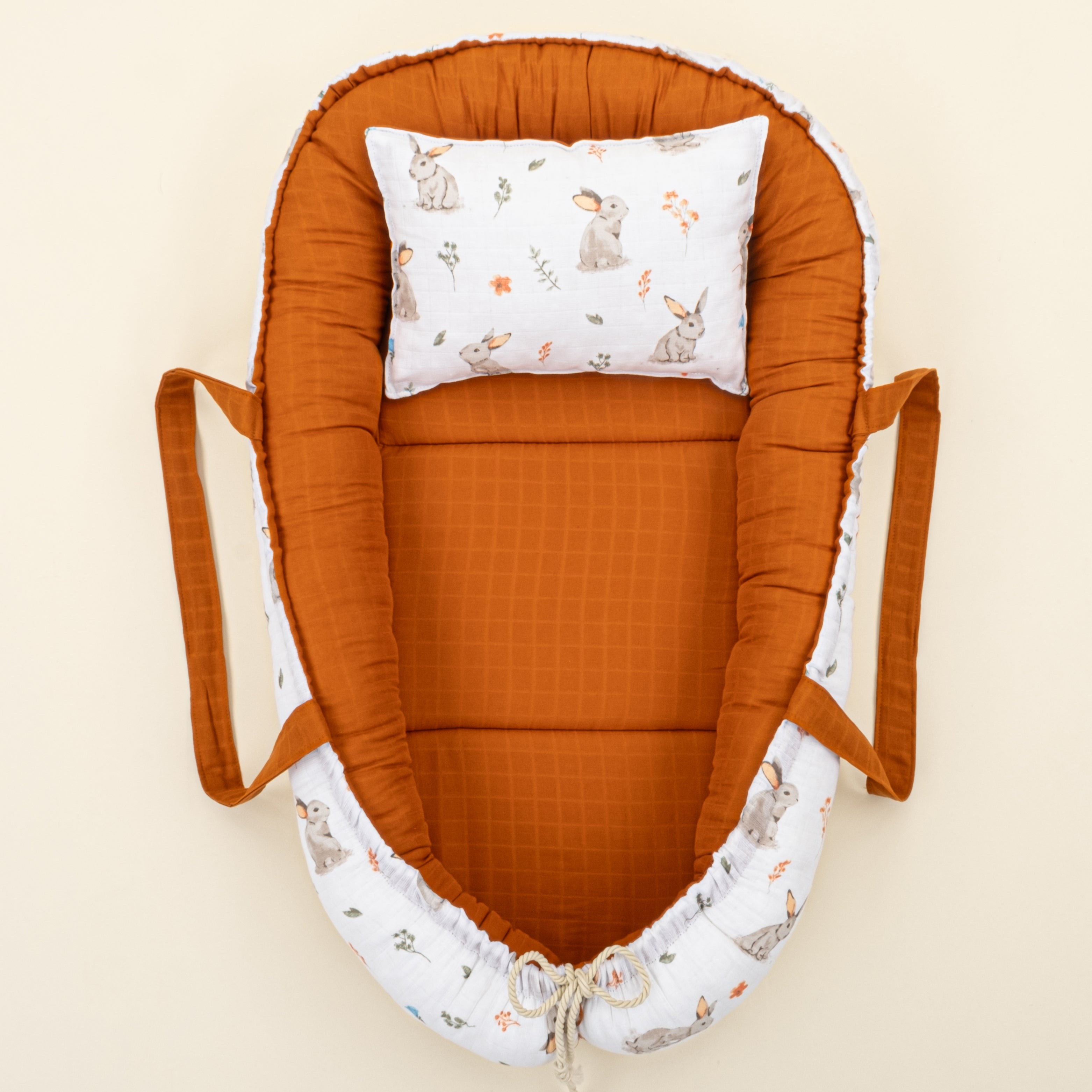 Babynest ve Yastık- Çift Taraflı - Kiremit Muslin - Kahverengi Tavşan
