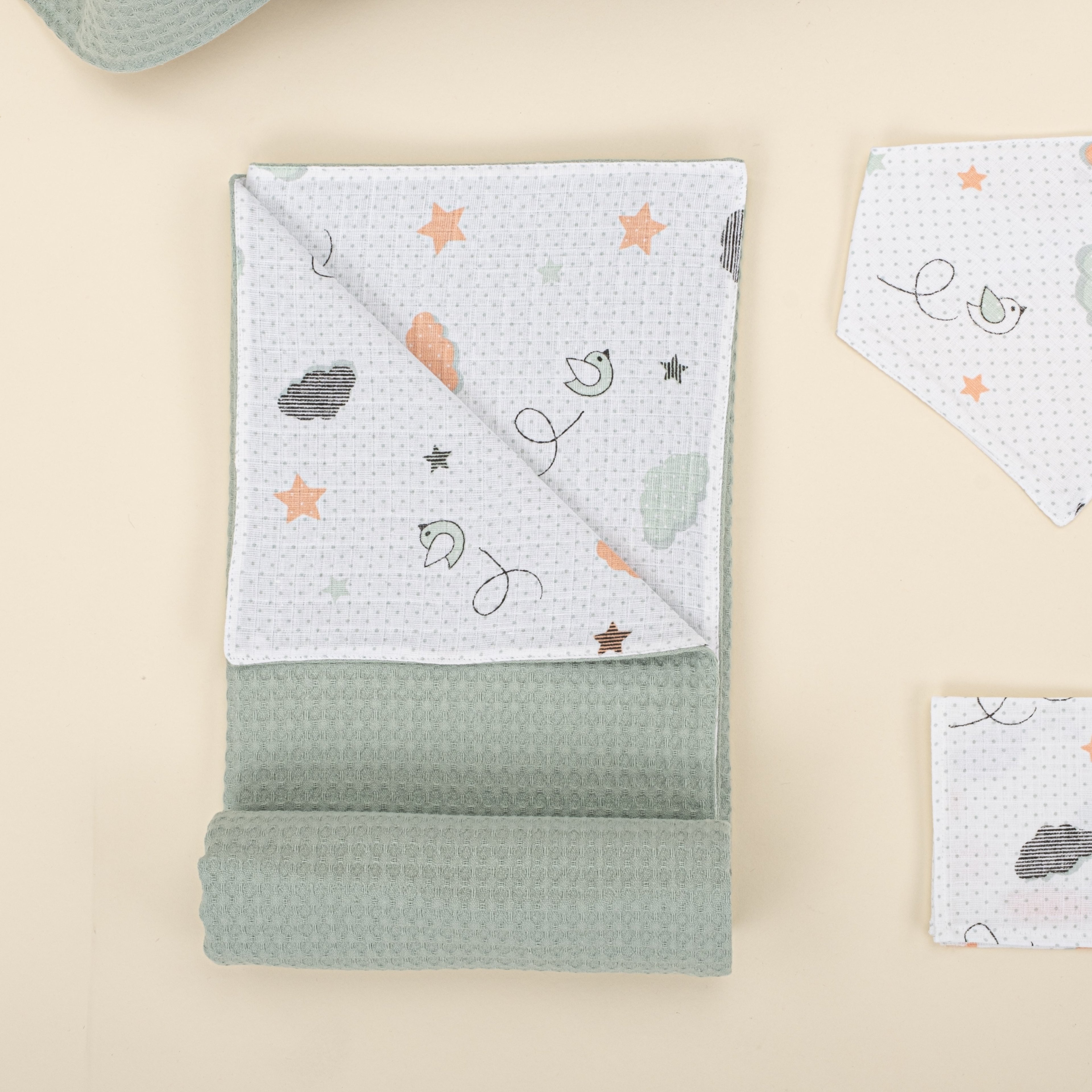 9 Parça Avantajlı Set - Çift Taraflı - Yeşil Petek - Kuş