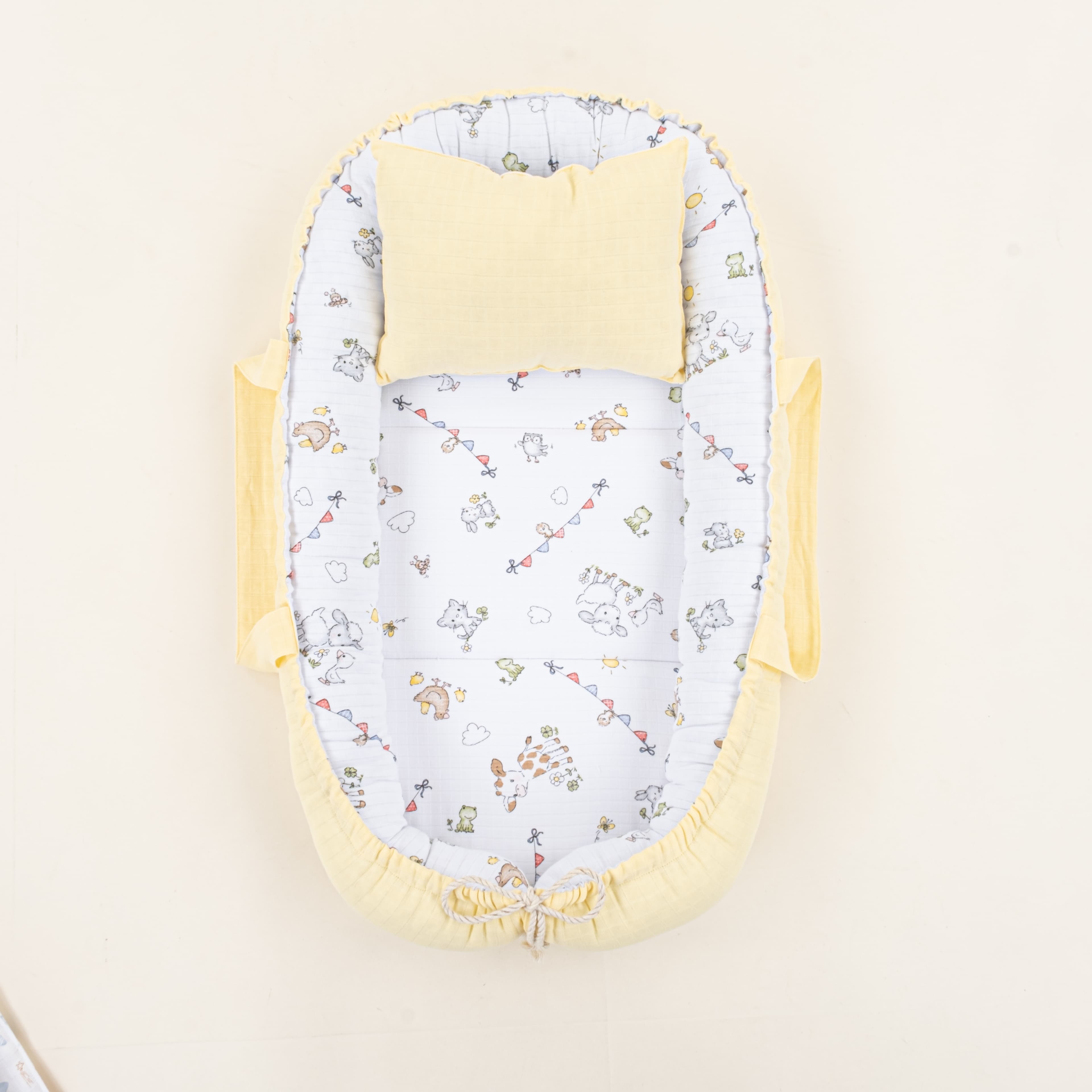 Babynest ve Yastık - Çift Taraflı - Sarı Muslin - Çiftlik hayvanları