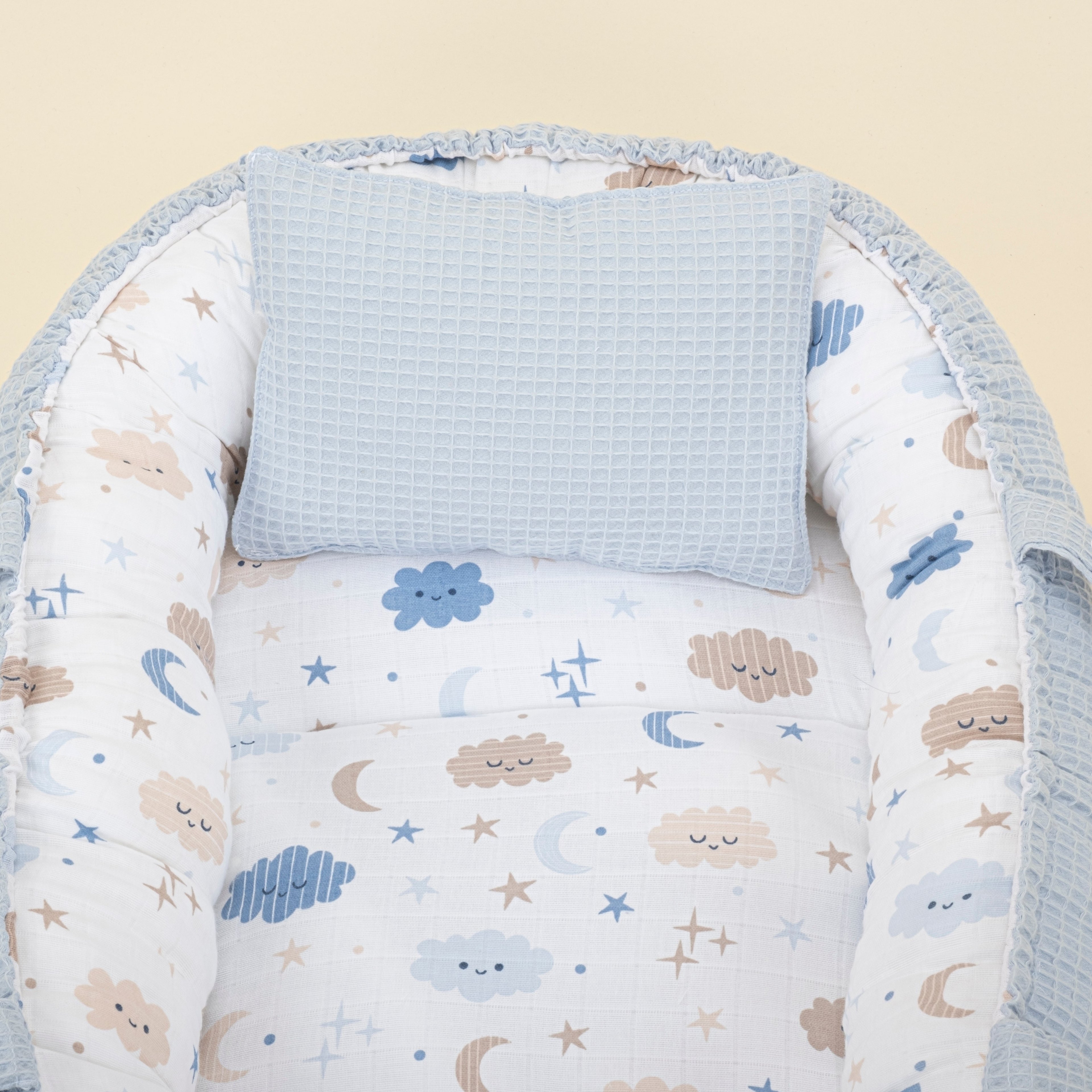 Babynest ve Yastık - Çift Taraflı - Bebe Mavi Petek - Mavi Bulut