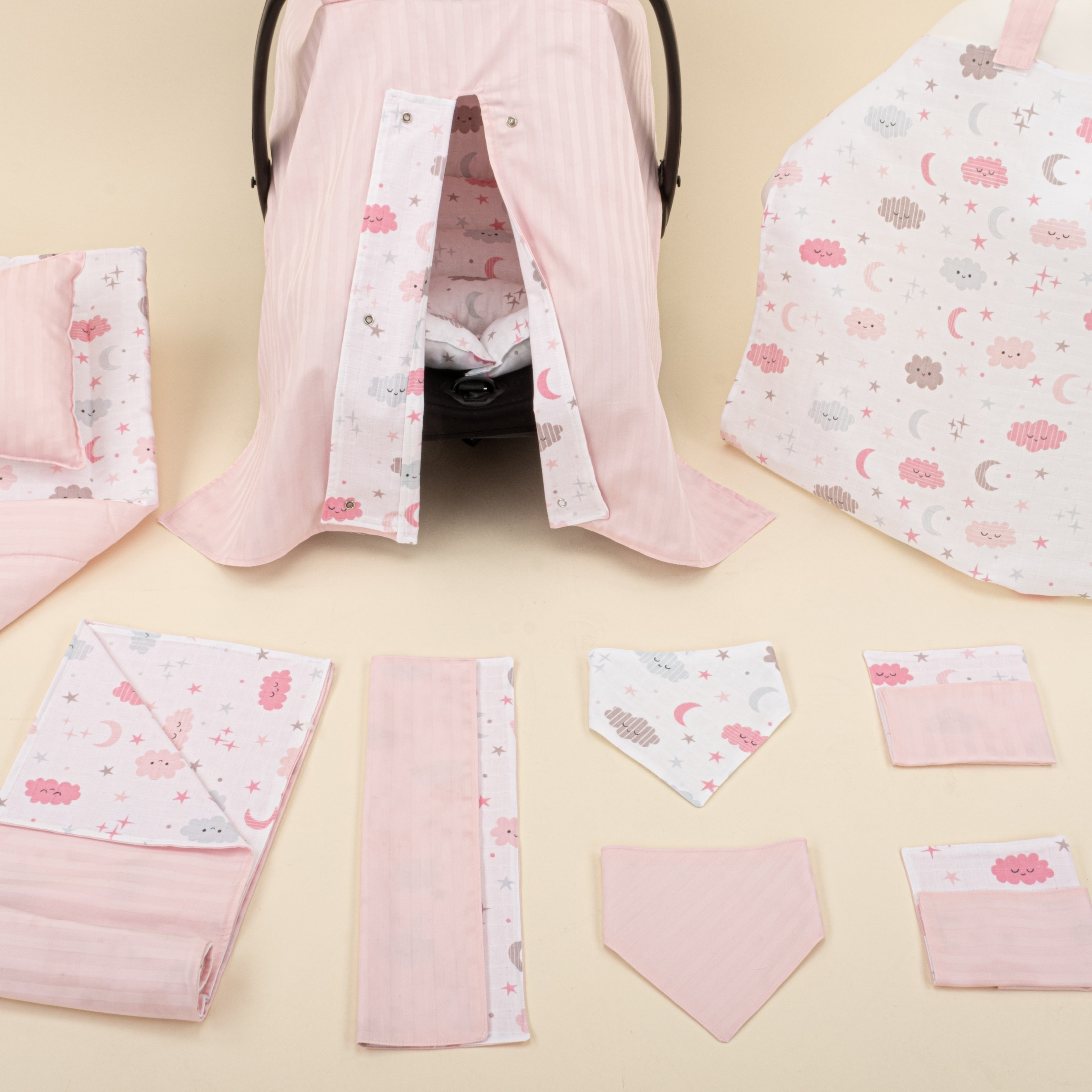 11 Parça Avantajlı Set - Çift Taraflı - Pembe Saten - Pembe Bulut