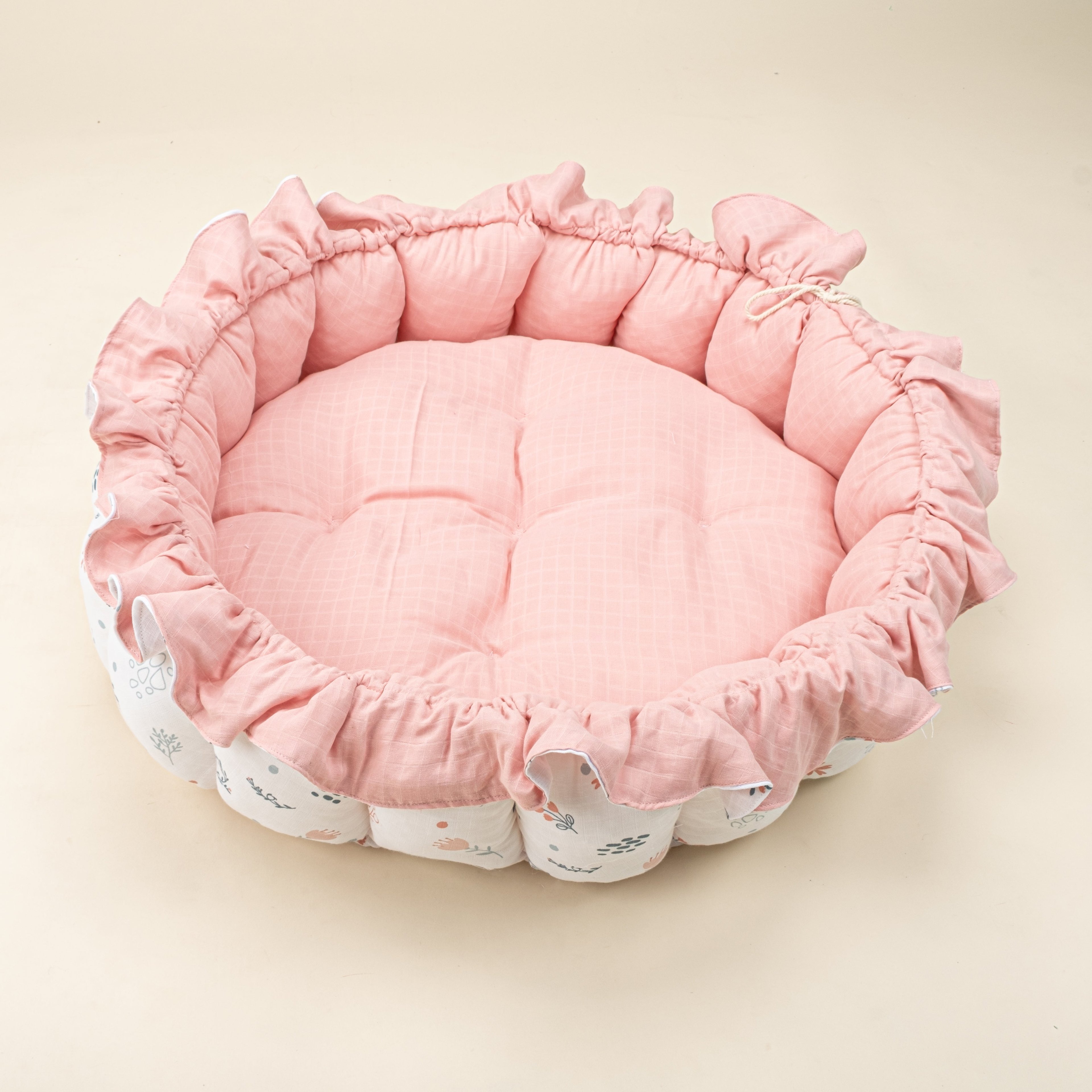 Yuvarlak Babynest - Çift Taraflı - Pembe Muslin - Yeşil Çiçekler