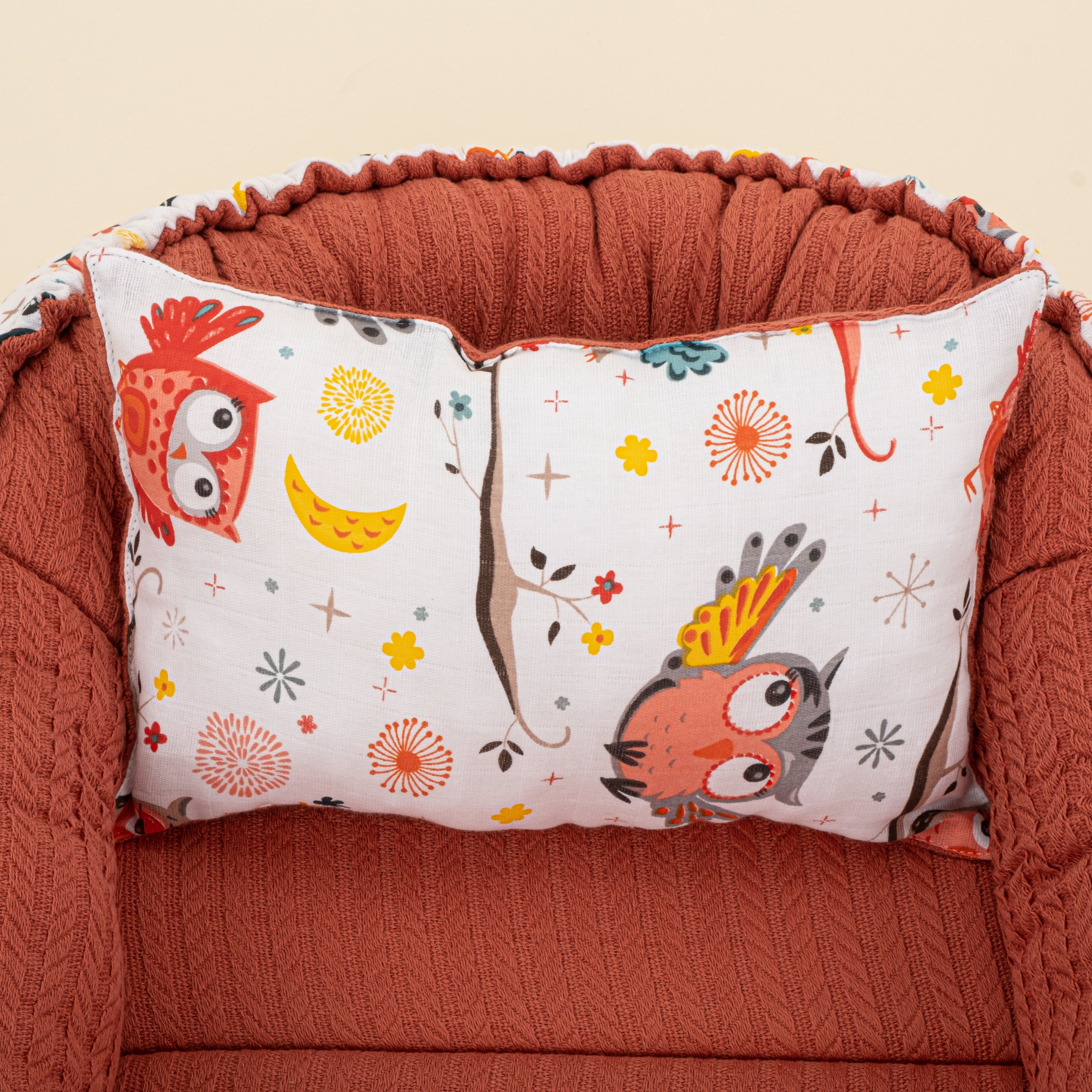 Babynest ve Yastık- Çift Taraflı - Kiremit Örgü - Renkli Baykuşlar