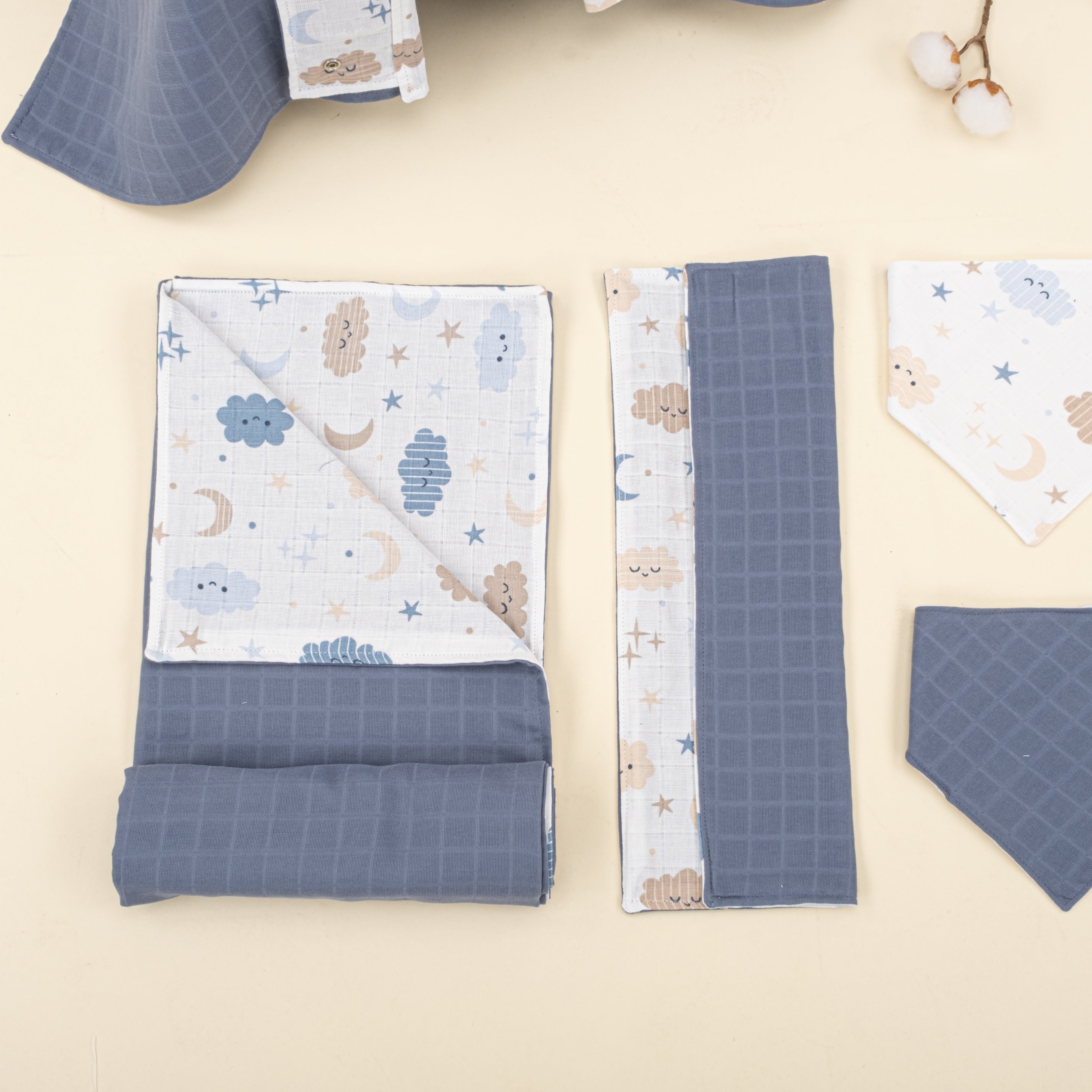 9 Parça Avantajlı Set - Çift Taraflı - İndigo Muslin - Mavi Bulut