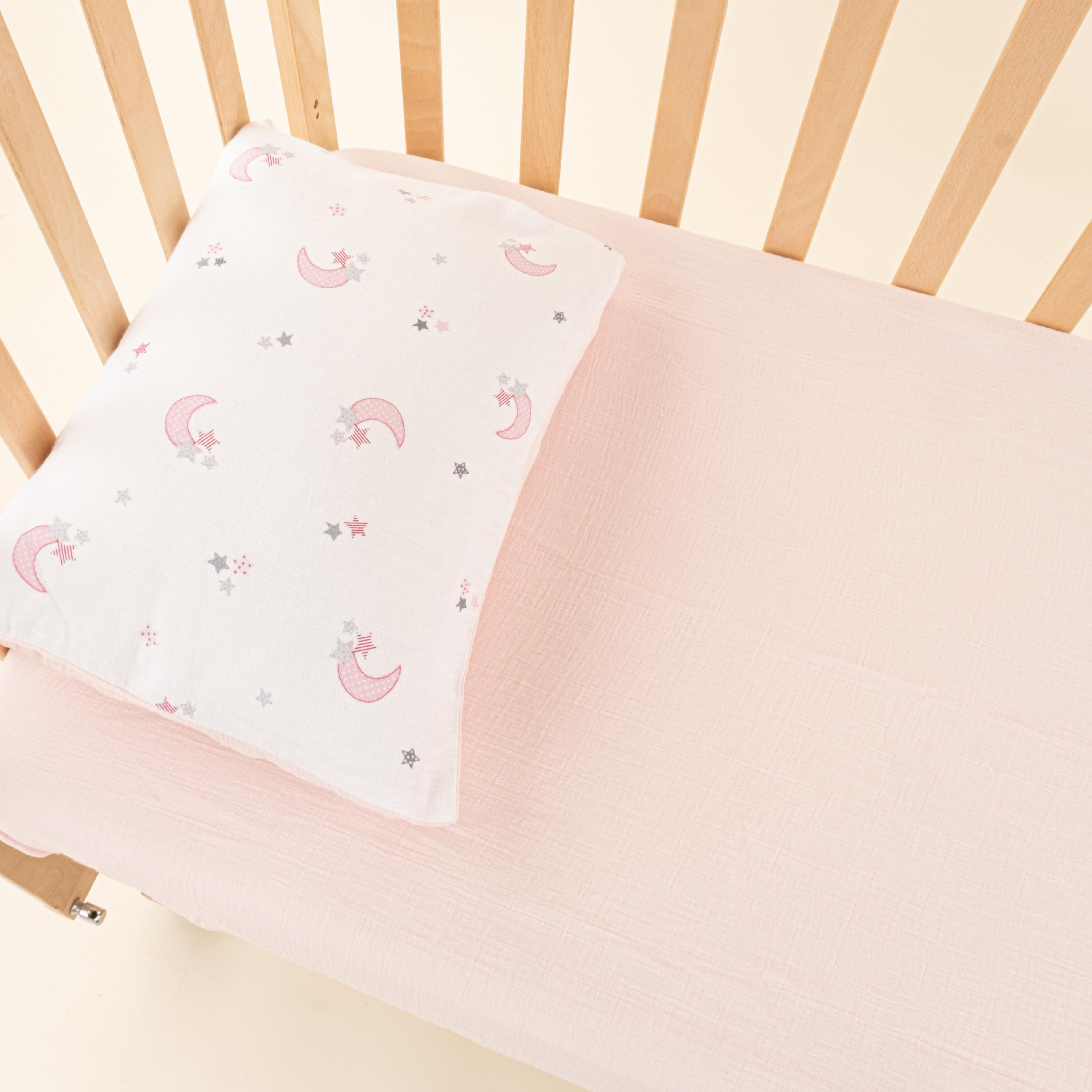 Bebek Lastikli Çarşaf ve Yastık Kılıfı - İki Katlı Organik Muslin - Bebe Pembe - Pembe Ay