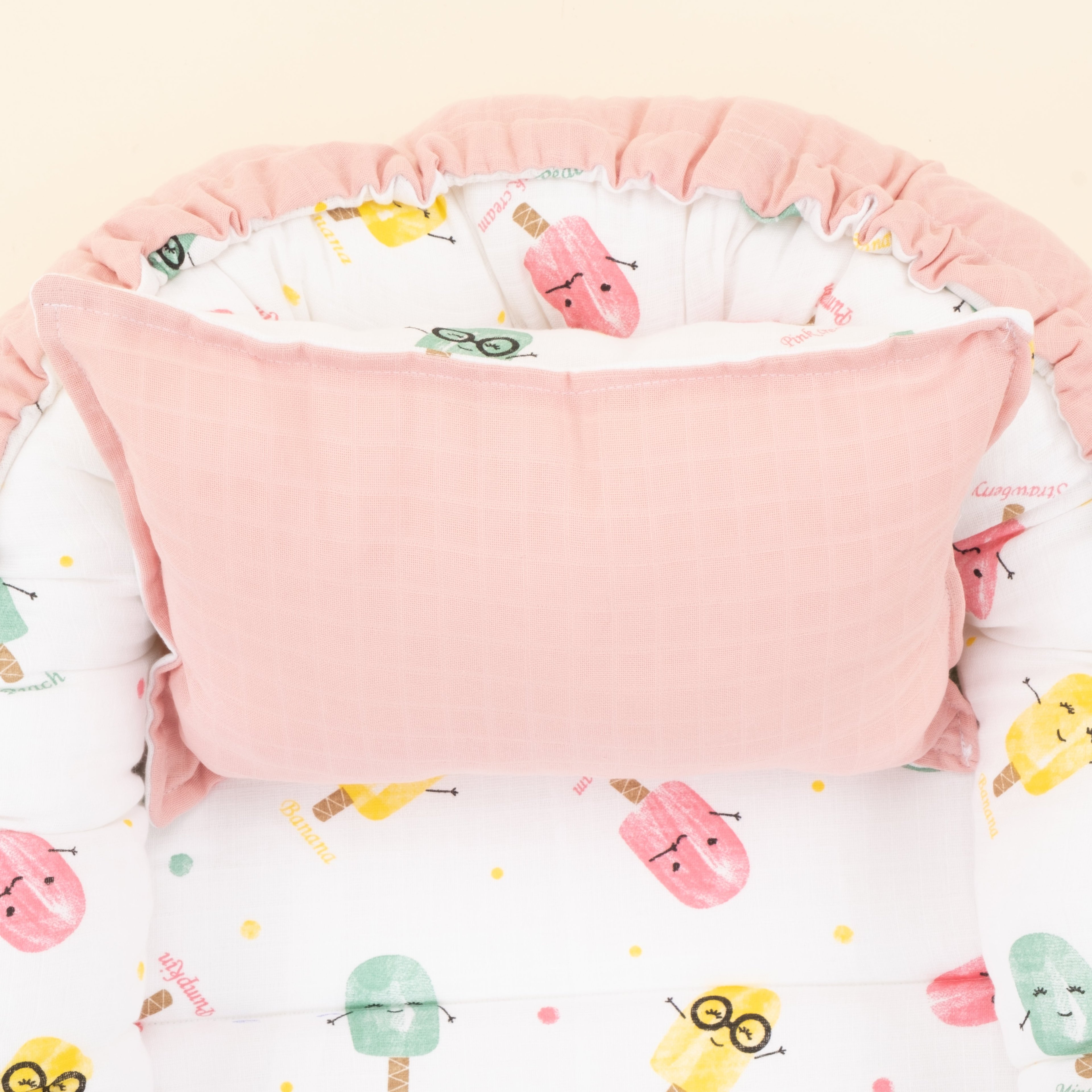 Babynest ve Yastık - Çift Taraflı - Pudra Muslin - Dondurma
