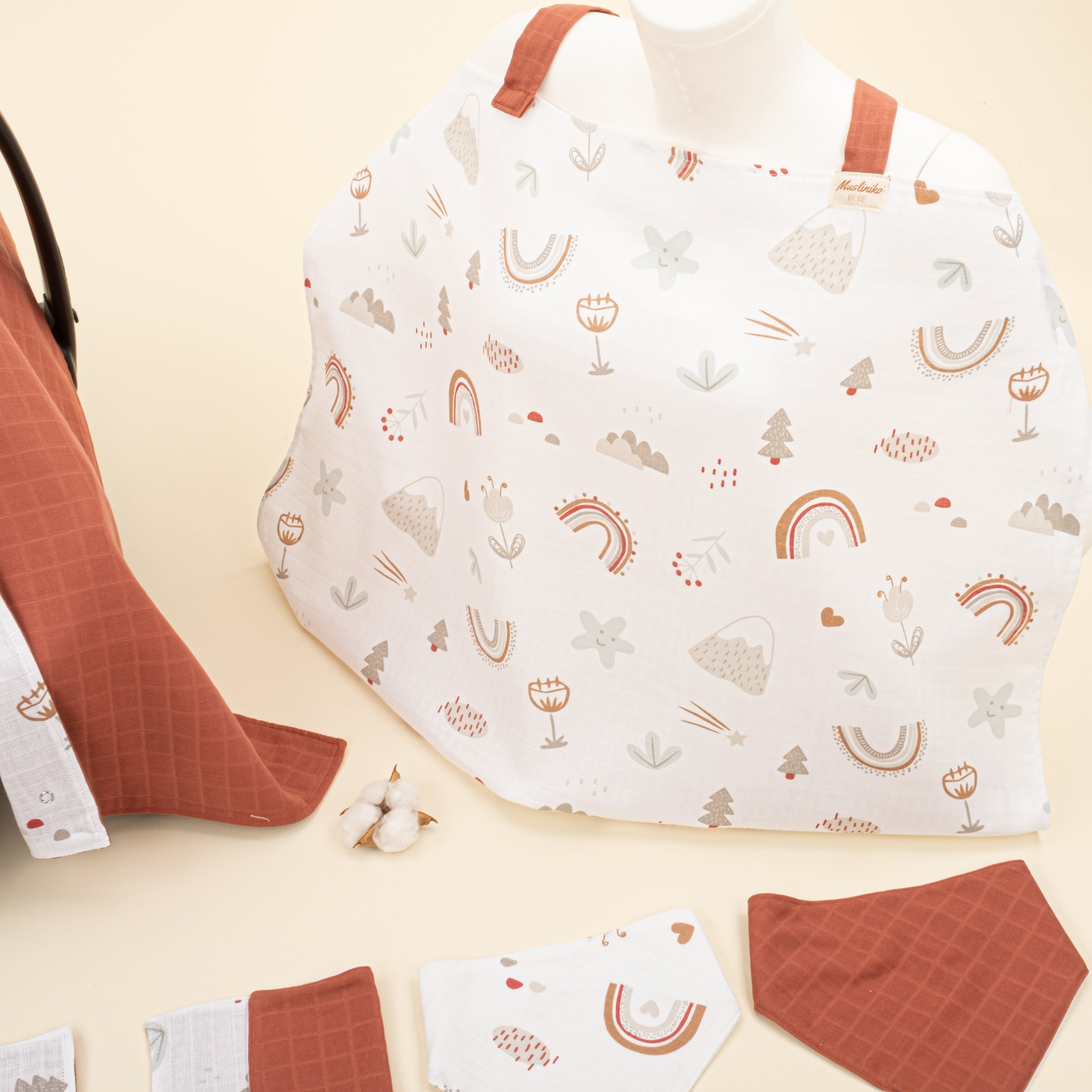 9 Parça Avantajlı Set - Çift Taraflı - Koyu Kiremit Muslin - Kahverengi Gökkuşağı