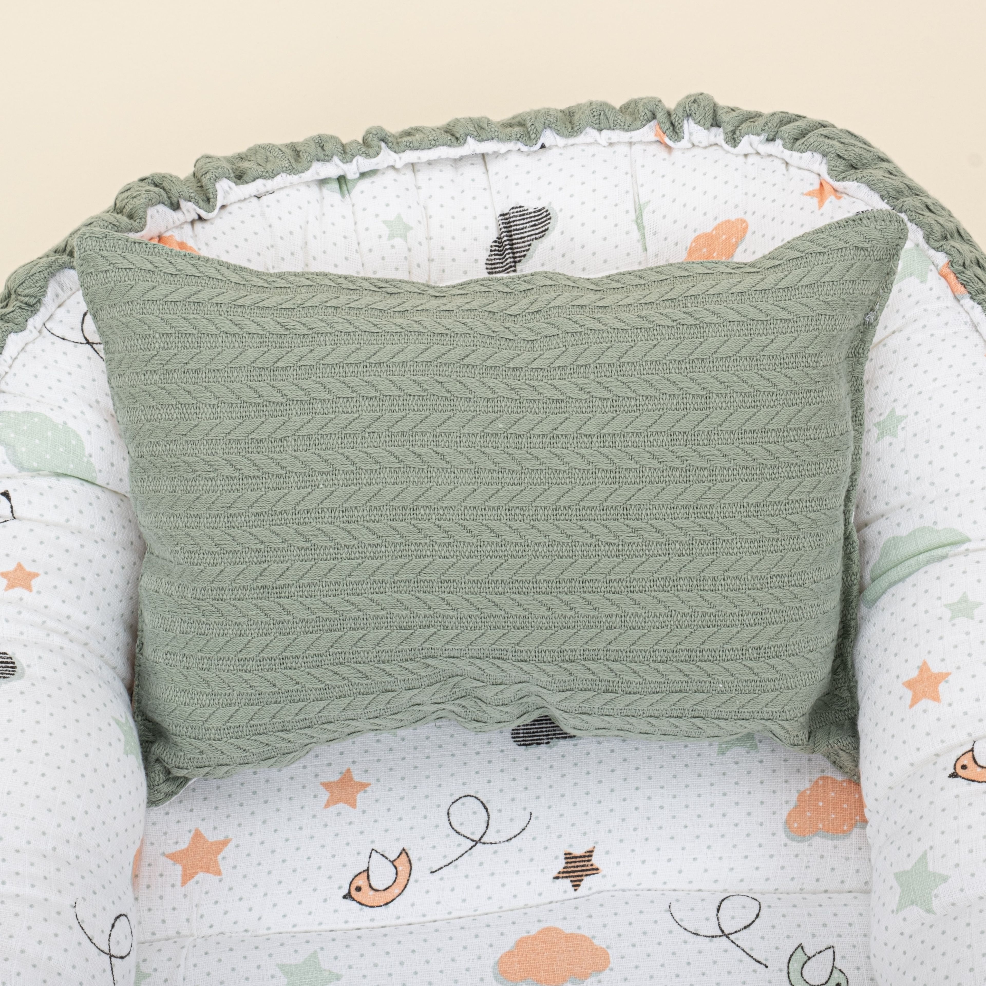 Babynest ve Yastık- Çift Taraflı - Koyu Yeşil Örgü - Kuş