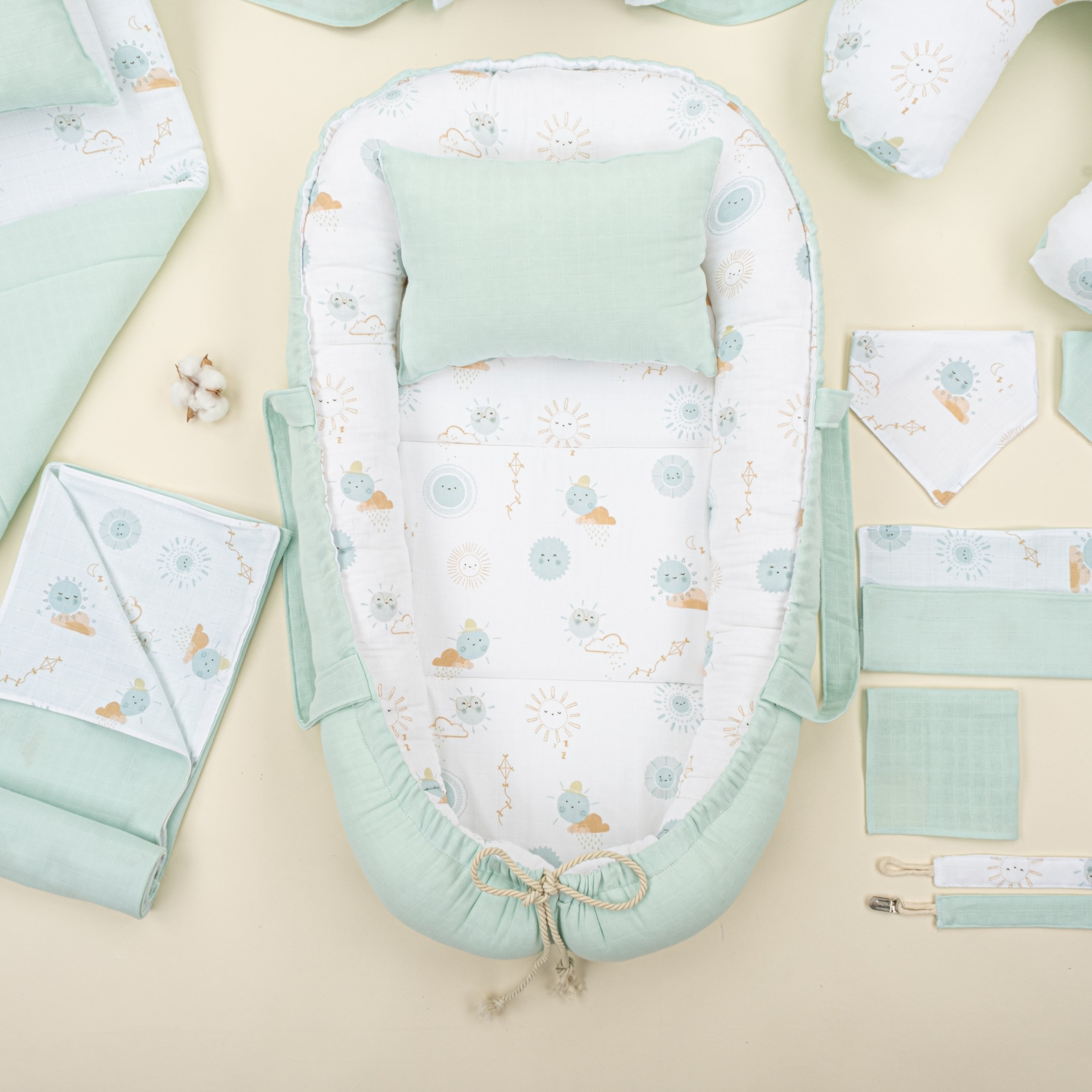 18 Parça Full Set - Çift Taraflı - Su Yeşili Muslin - Su Yeşili Güneş