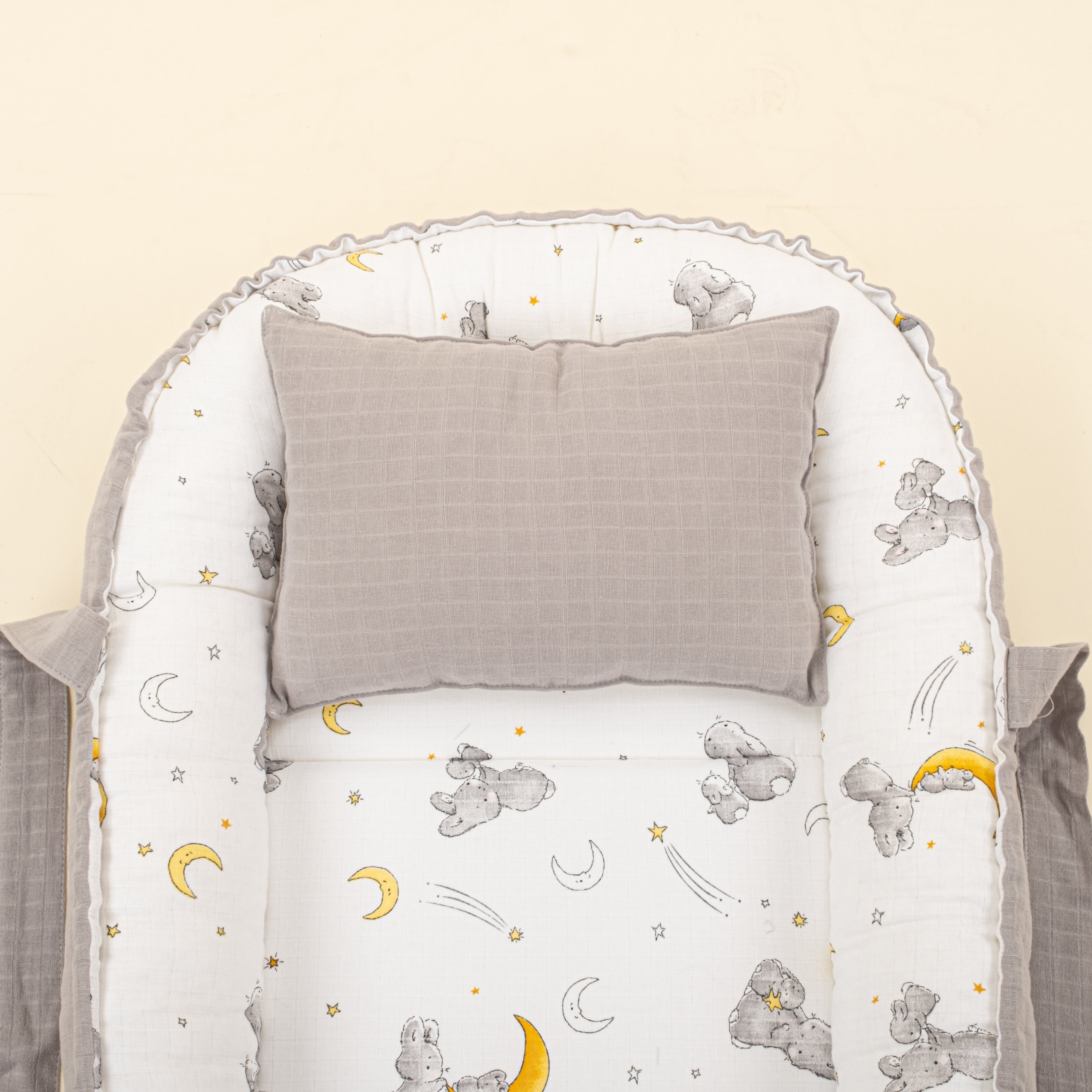 Babynest ve Yastık - Çift Taraflı - Açık Gri Muslin - Gri Tavşan