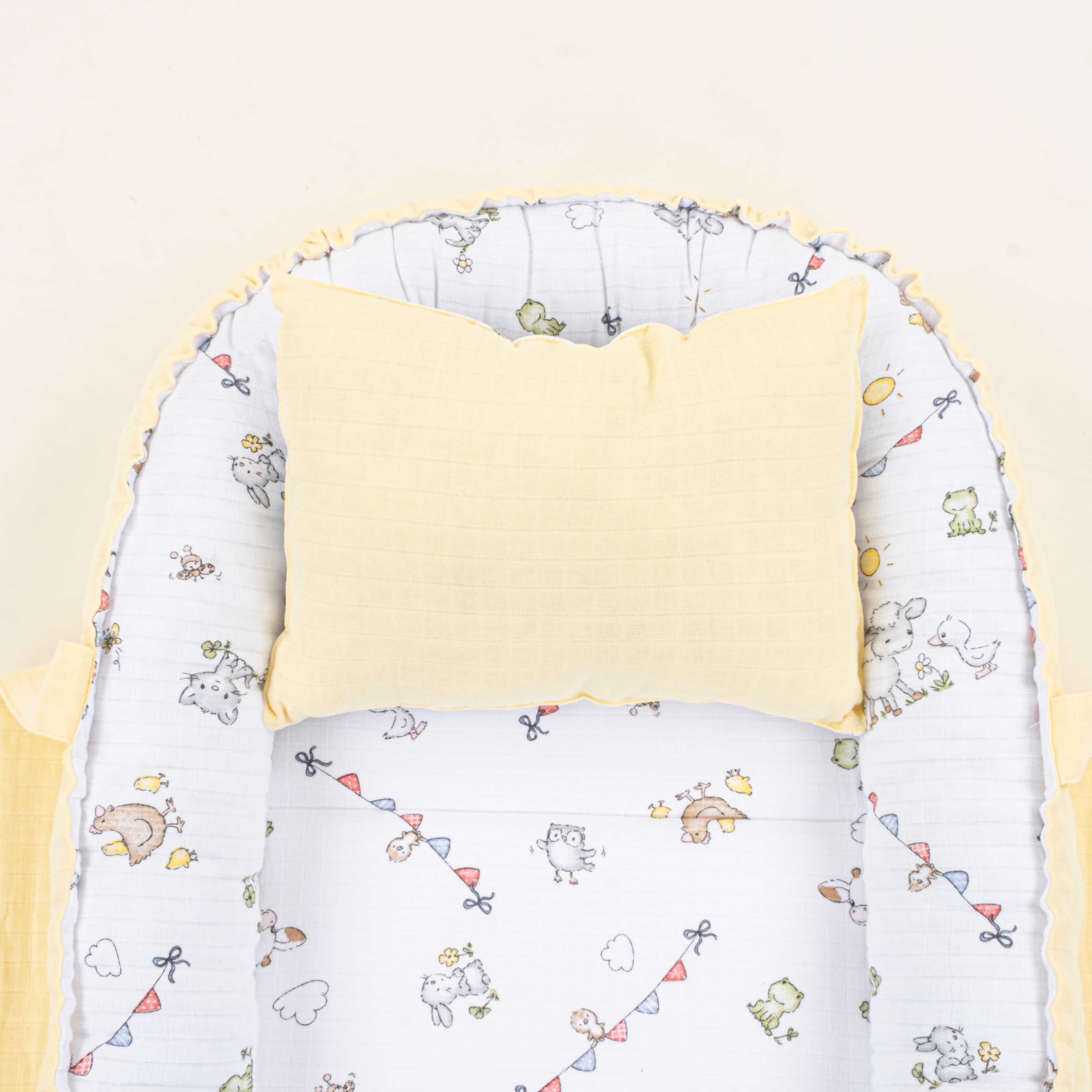 Babynest ve Yastık - Çift Taraflı - Sarı Muslin - Çiftlik hayvanları