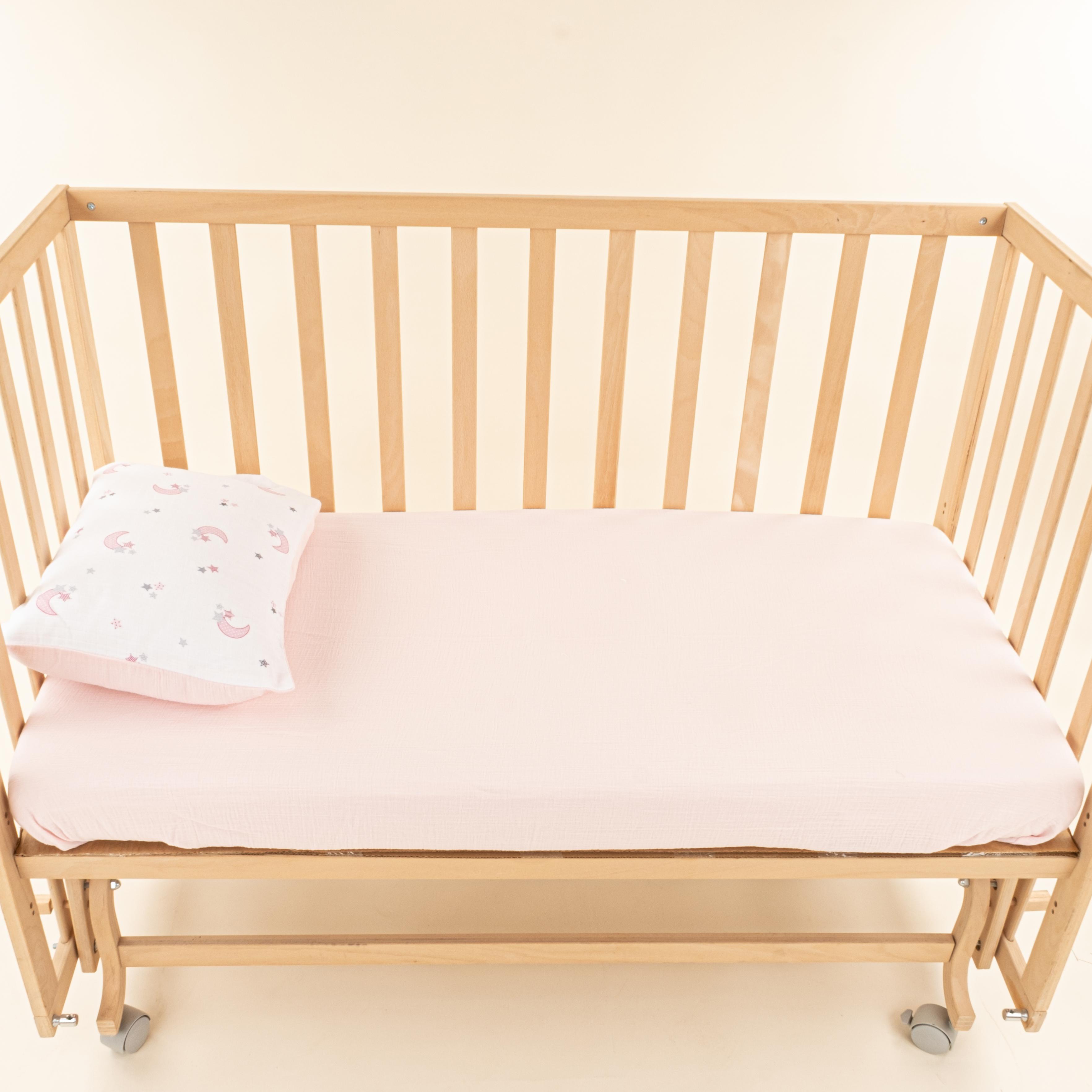 Bebek Lastikli Çarşaf ve Yastık Kılıfı - İki Katlı Organik Muslin - Bebe Pembe - Pembe Ay