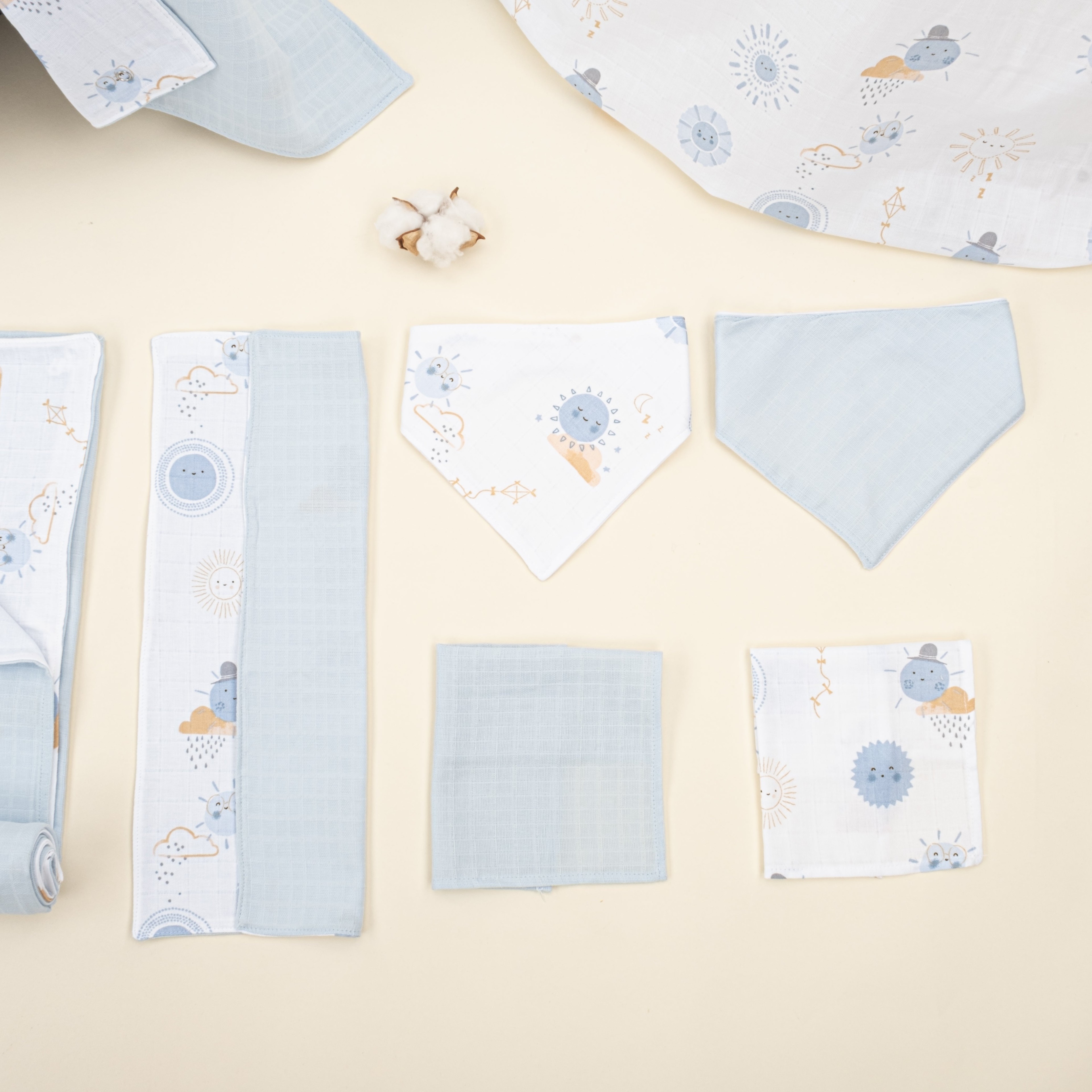 9 Parça Avantajlı Set - Çift Taraflı - Bebe Mavi Muslin - Mavi Güneş