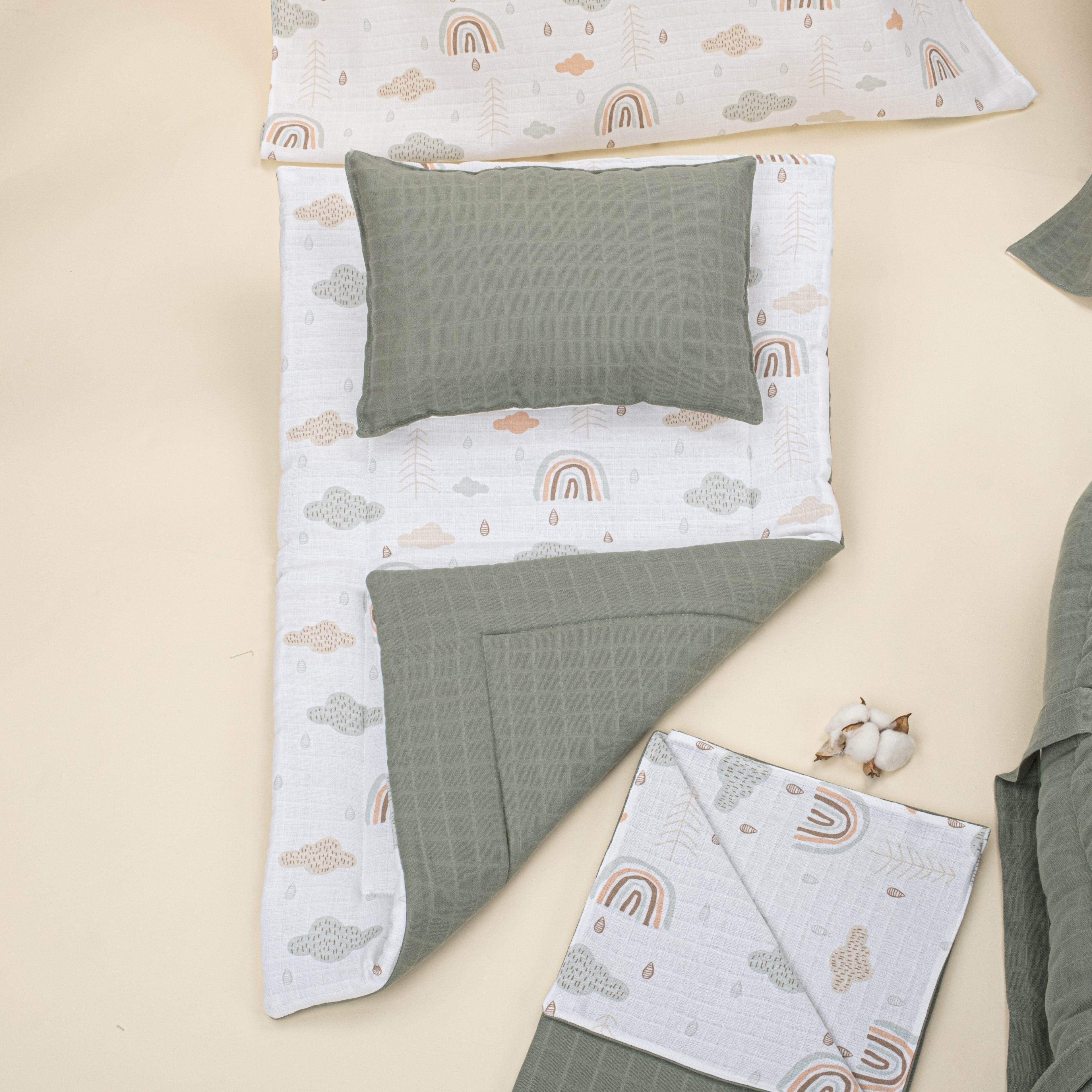 18 Parça Full Set - Çift Taraflı - Haki Muslin - Yeşil Gökkuşağı