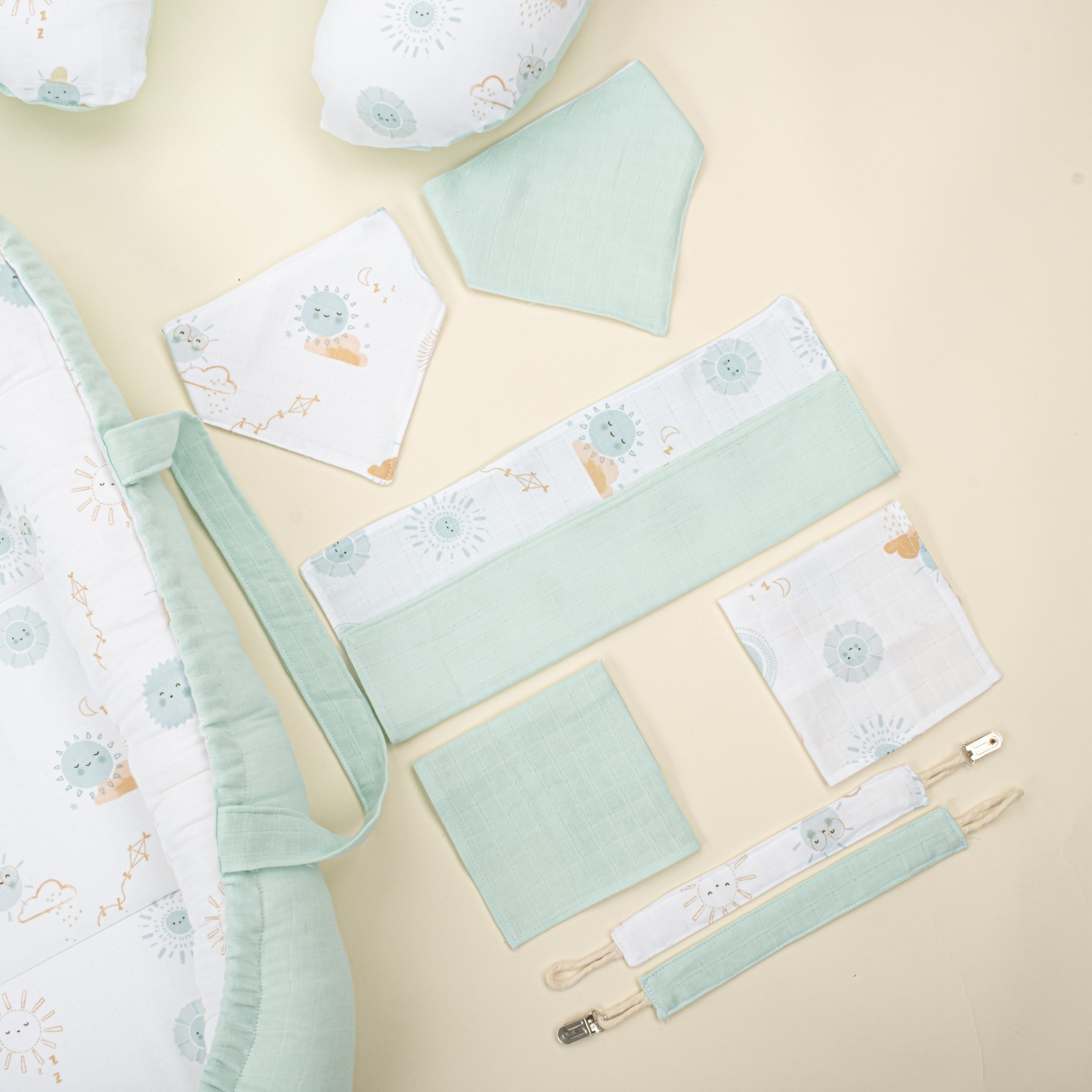 18 Parça Full Set - Çift Taraflı - Su Yeşili Muslin - Su Yeşili Güneş