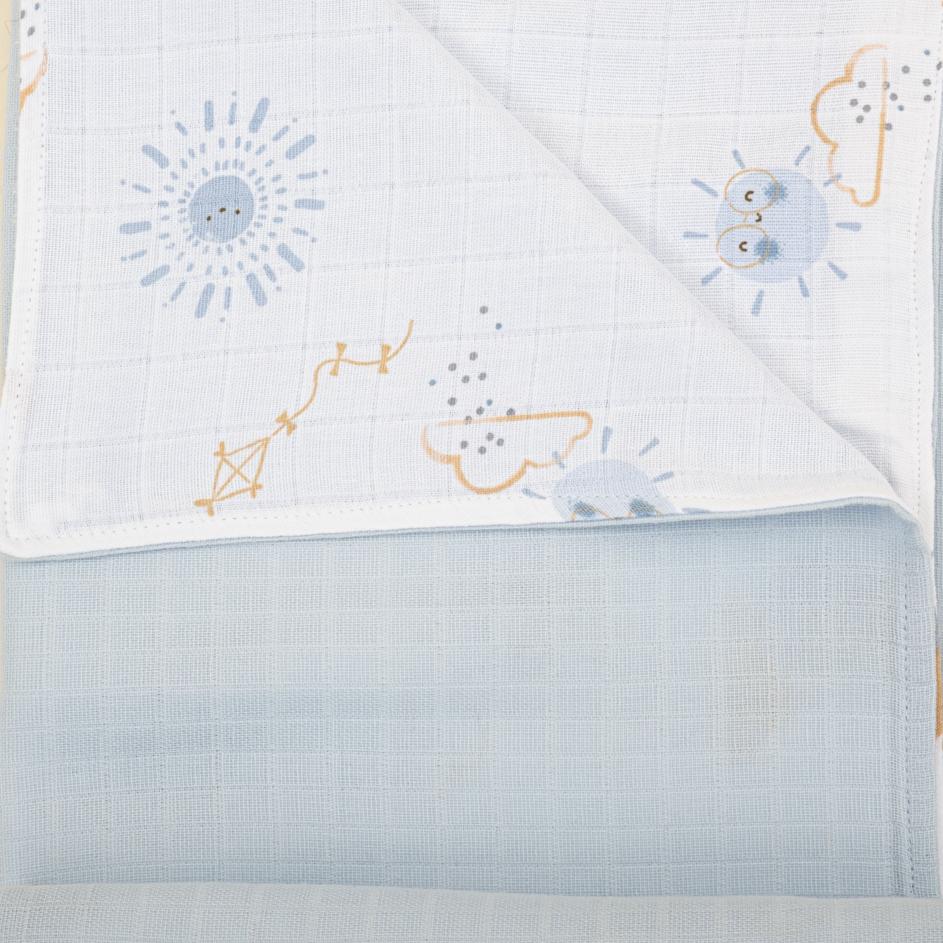 Çift Taraflı Muslin Örtü - Bebe Mavi Muslin - Mavi Güneş