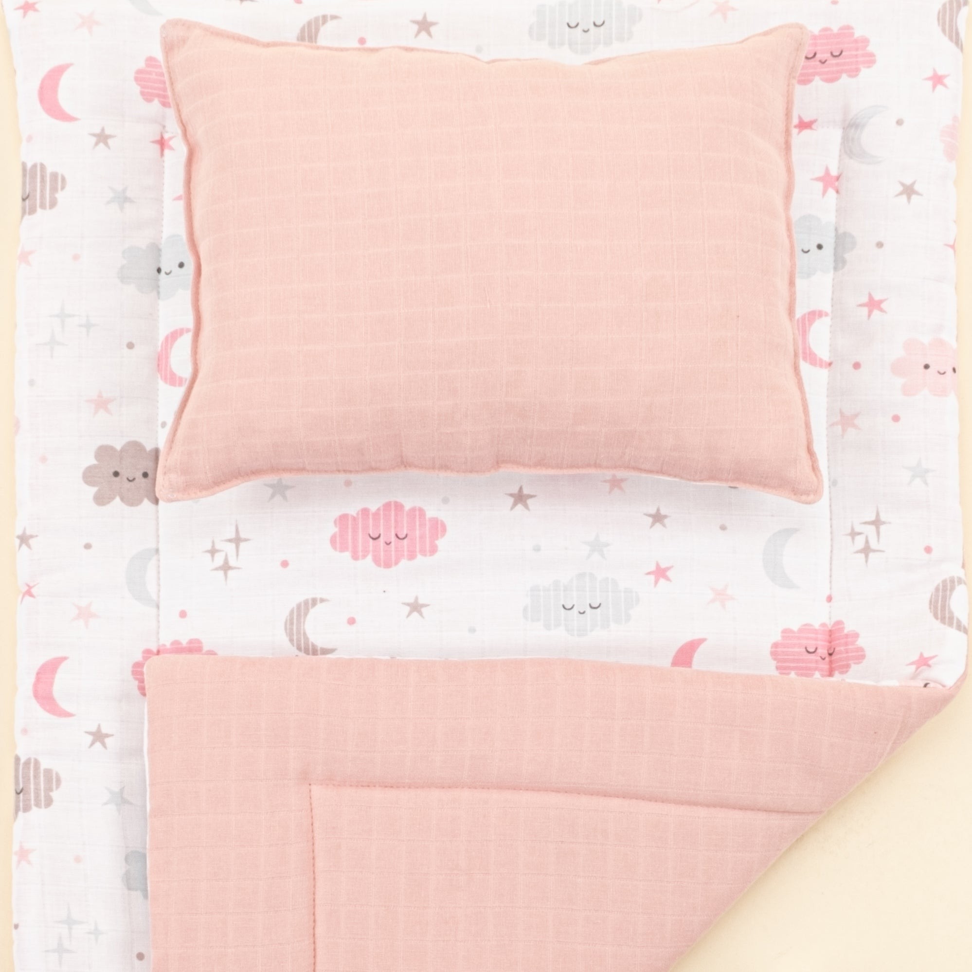 Alt Açma Matı ve Yastık  - Çift Taraflı - Pudra Muslin - Pembe Bulut